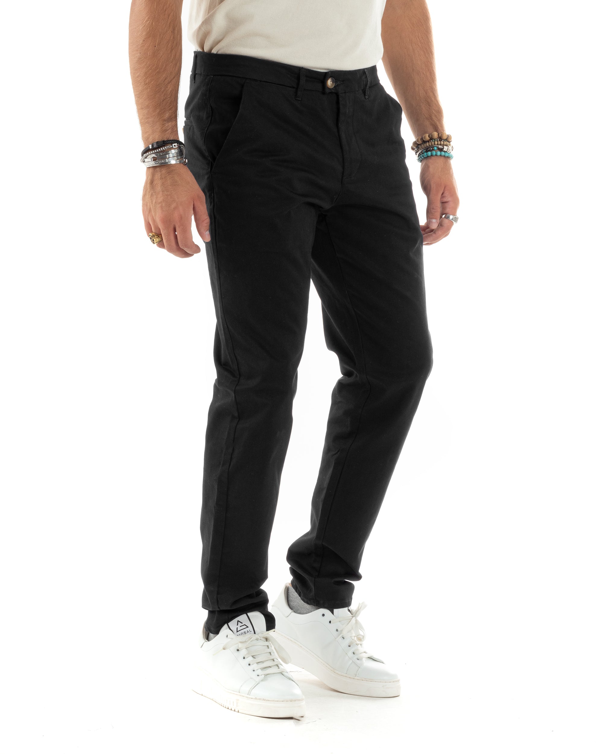 Pantaloni Uomo Cotone Raso Invernale Chinos Abbottonatura Allungata Tasca America Slim Fit Tinta Unita Nero GIOSAL-P6145A