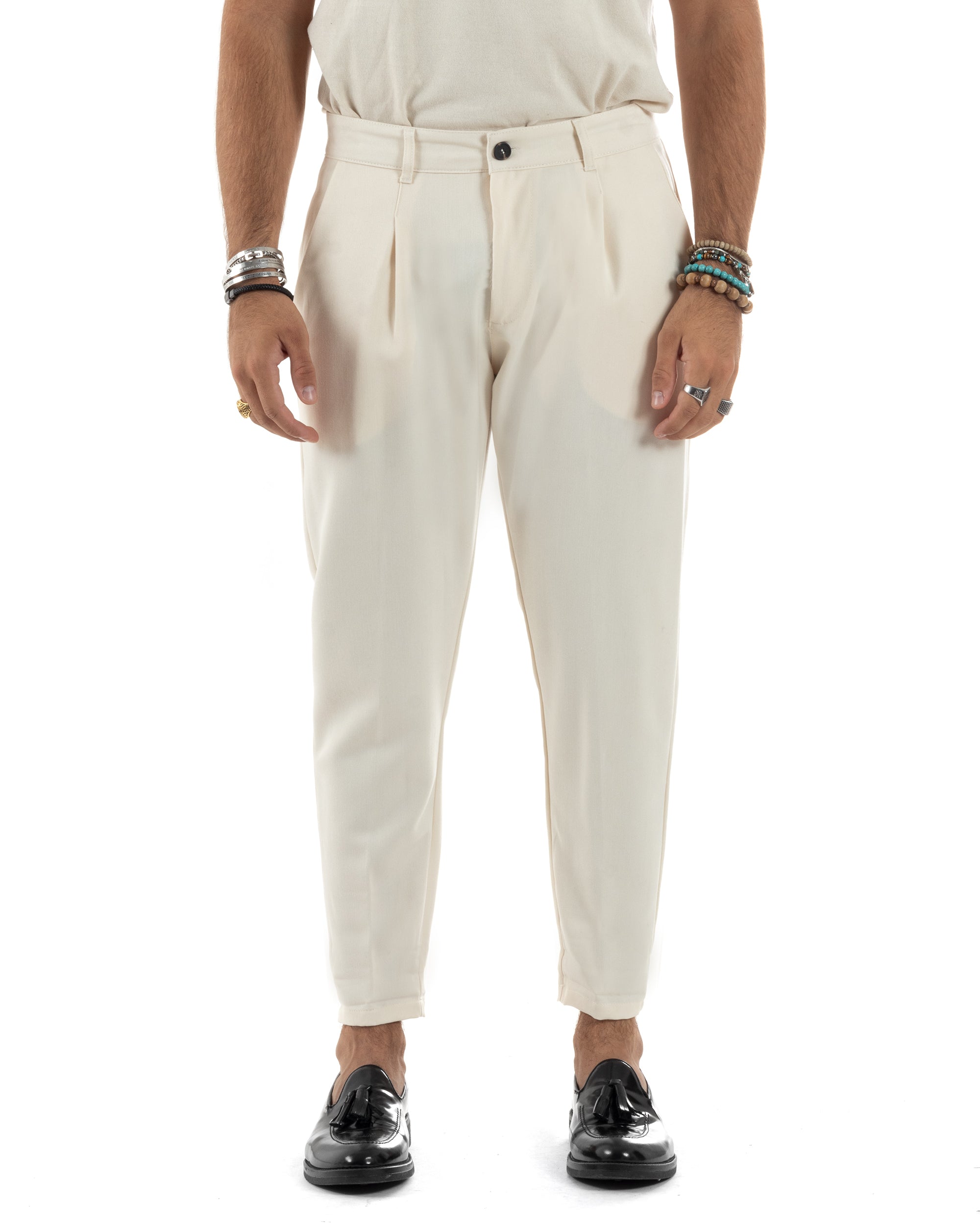 Pantaloni Uomo Viscosa Capri Casual Classico Tasche America Pinces Panna P6147A