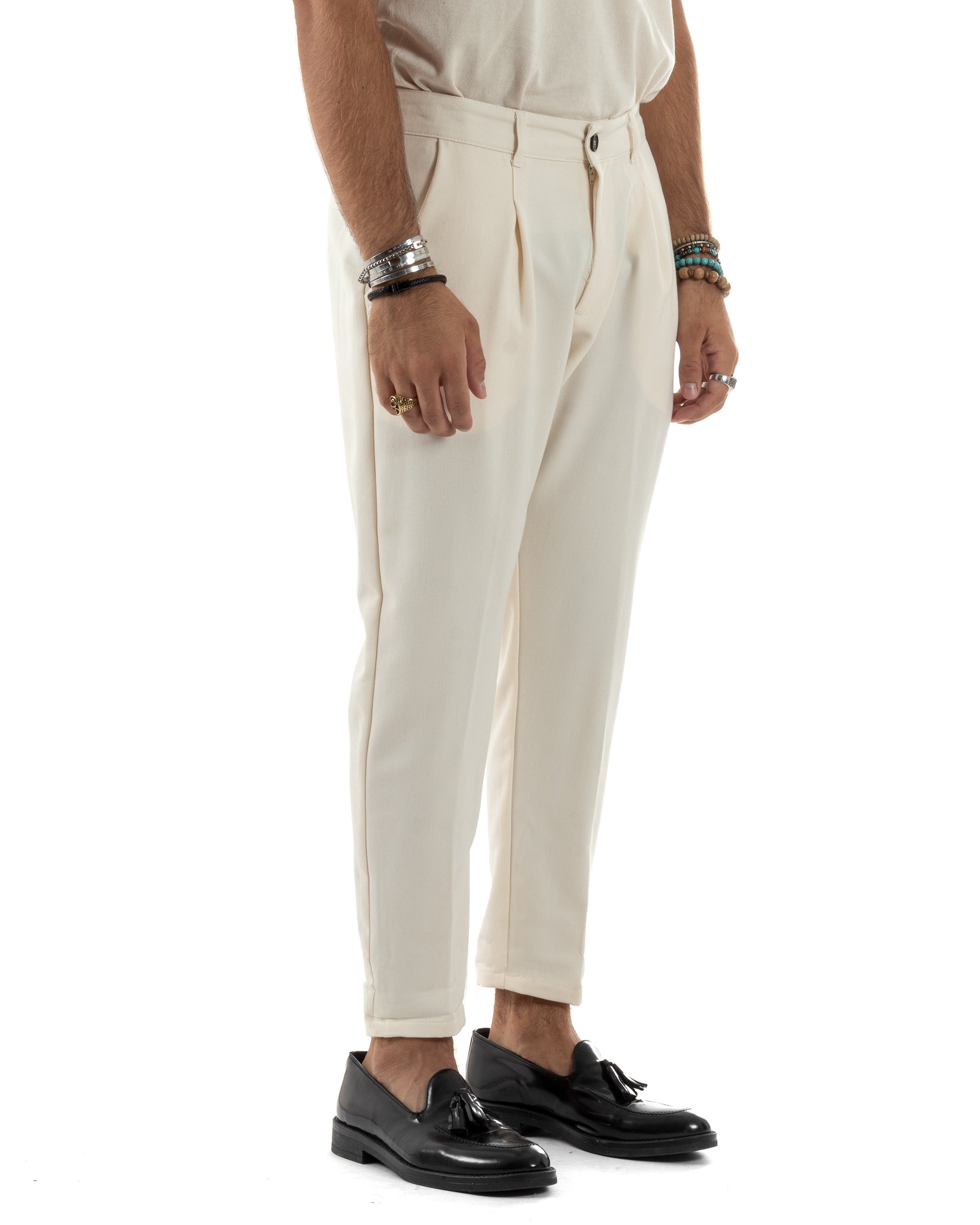 Pantaloni Uomo Viscosa Capri Casual Classico Tasche America Pinces Panna P6147A