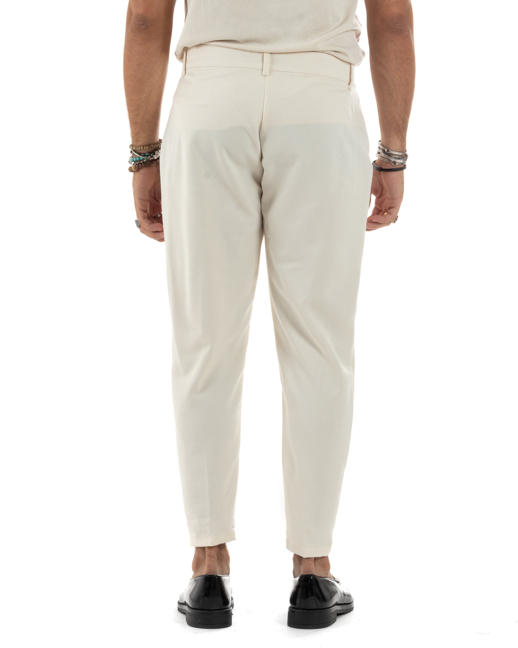 Pantaloni Uomo Viscosa Capri Casual Classico Tasche America Pinces Panna P6147A