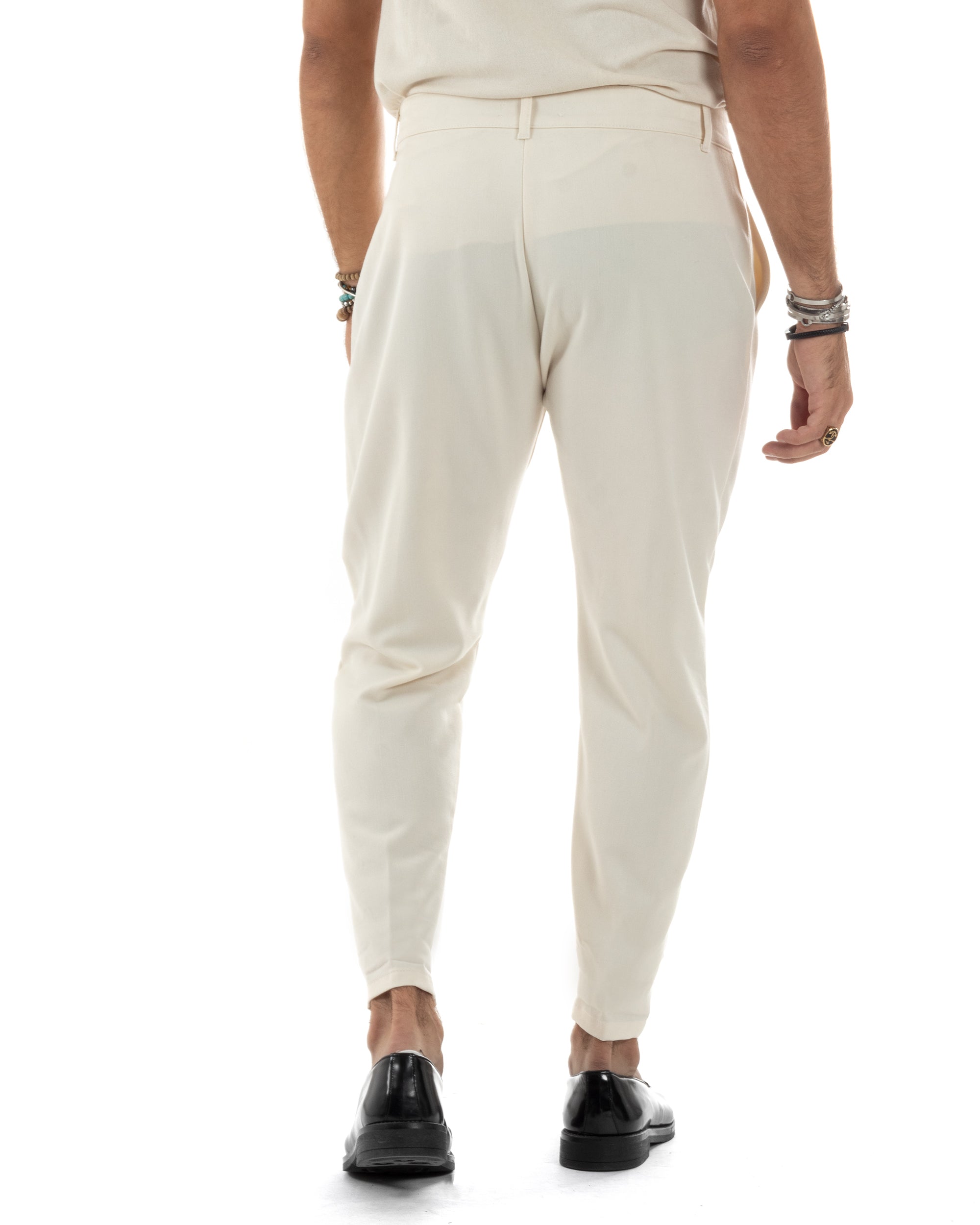 Pantaloni Uomo Viscosa Capri Casual Classico Tasche America Pinces Panna P6147A