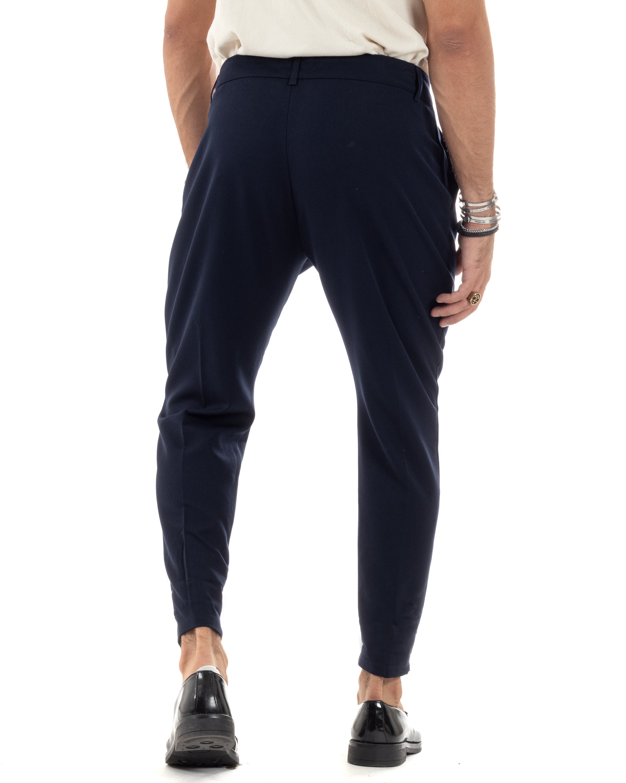 Pantaloni Uomo Viscosa Capri Casual Classico Tasche America Pinces Blu P6151A
