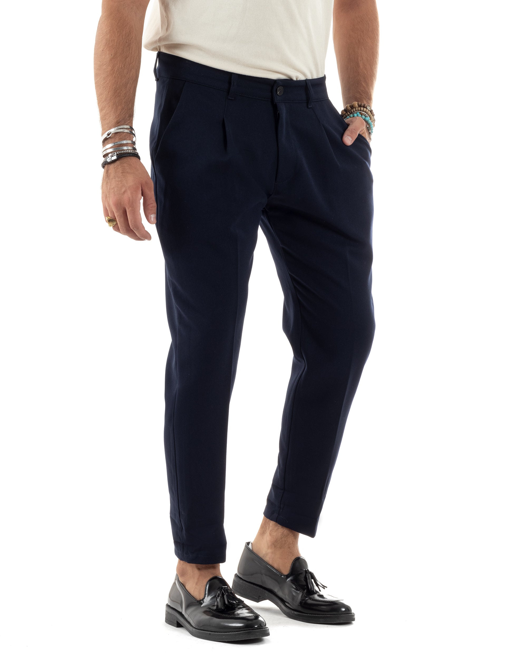 Pantaloni Uomo Viscosa Capri Casual Classico Tasche America Pinces Blu P6151A