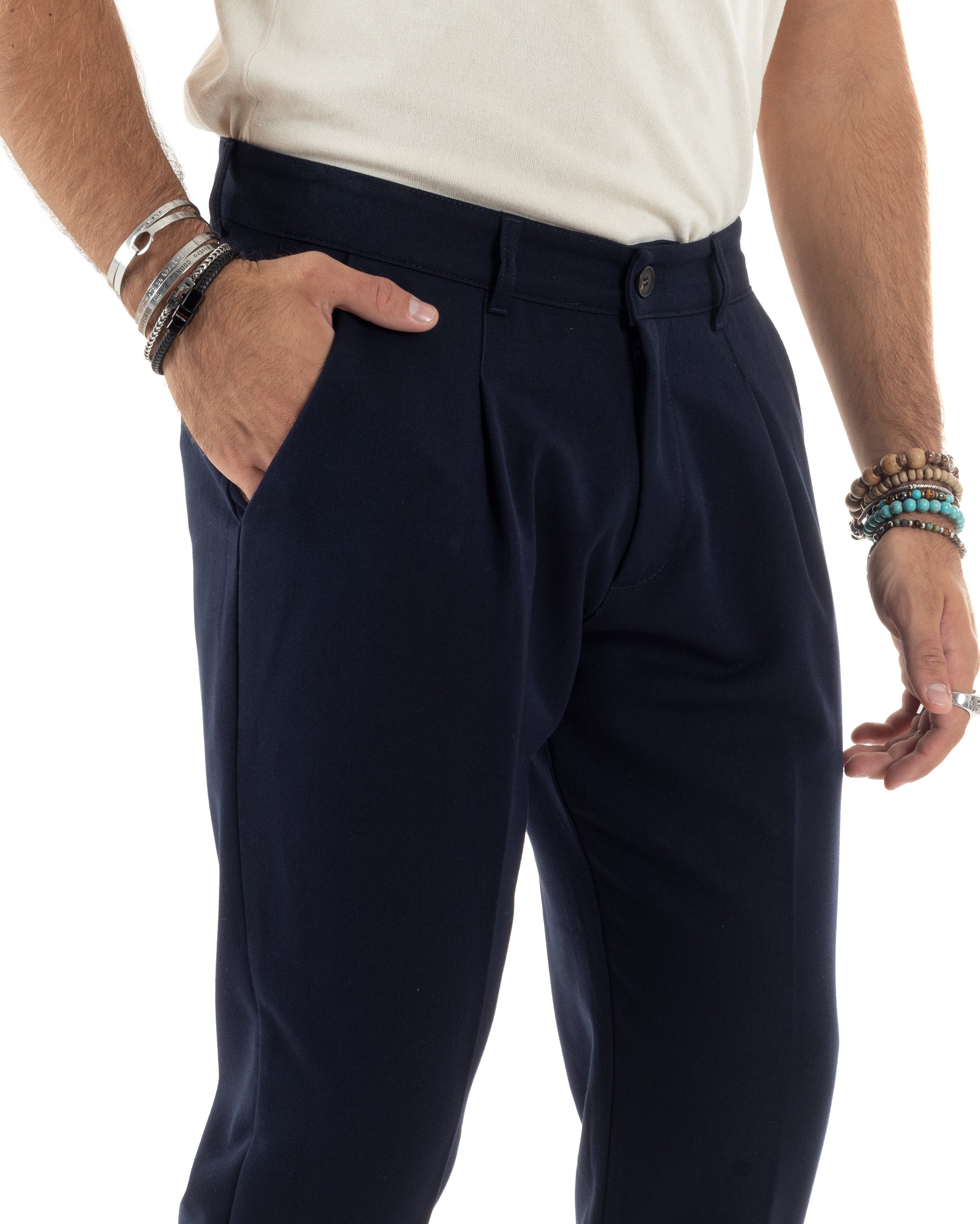 Pantaloni Uomo Viscosa Capri Casual Classico Tasche America Pinces Blu P6151A