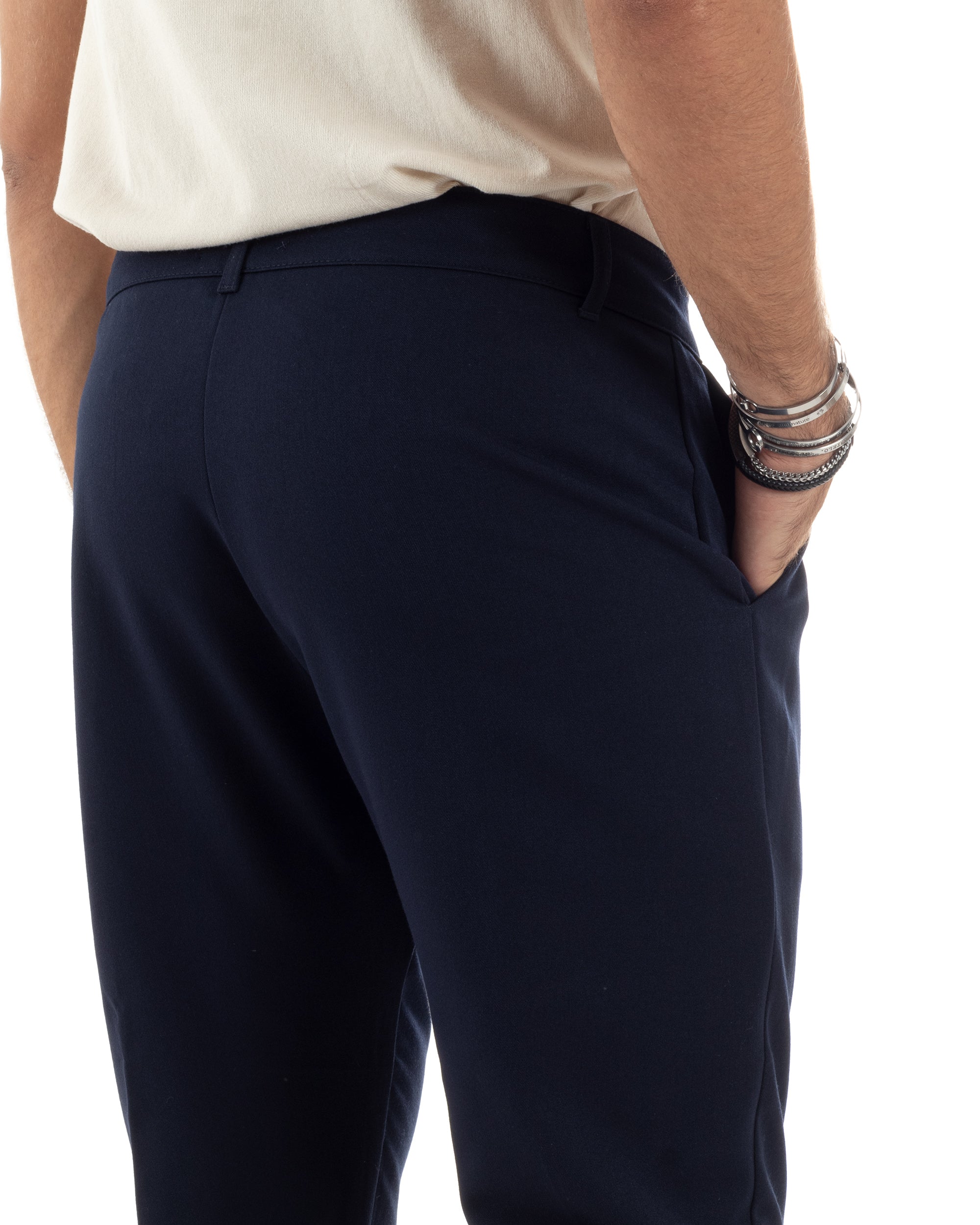 Pantaloni Uomo Viscosa Capri Casual Classico Tasche America Pinces Blu P6151A