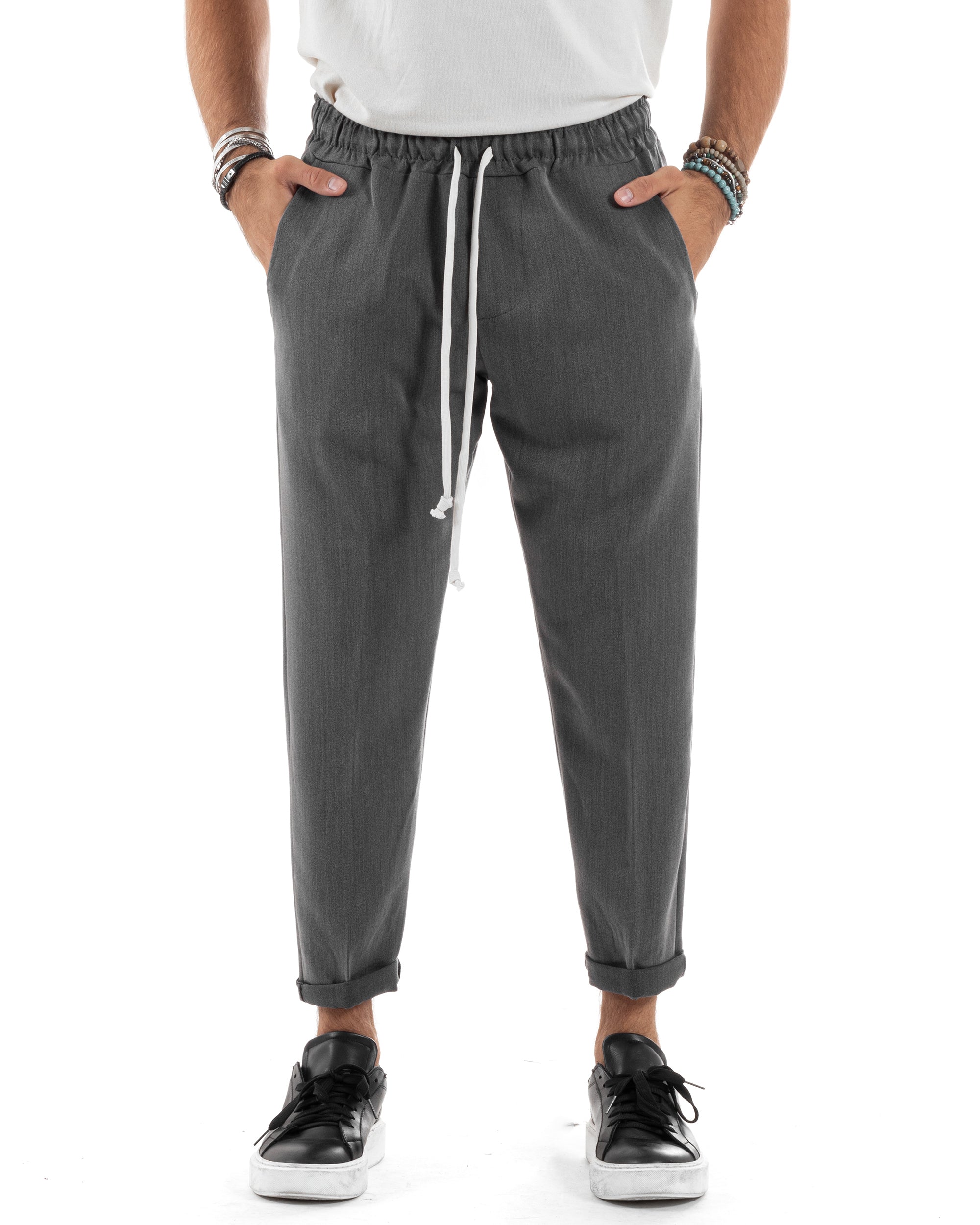 Pantaloni Uomo Pantalaccio Viscosa Morbido Regular Fit Coulisse Elastico Casual Tinta Unita Grigio GIOSAL-P6152A