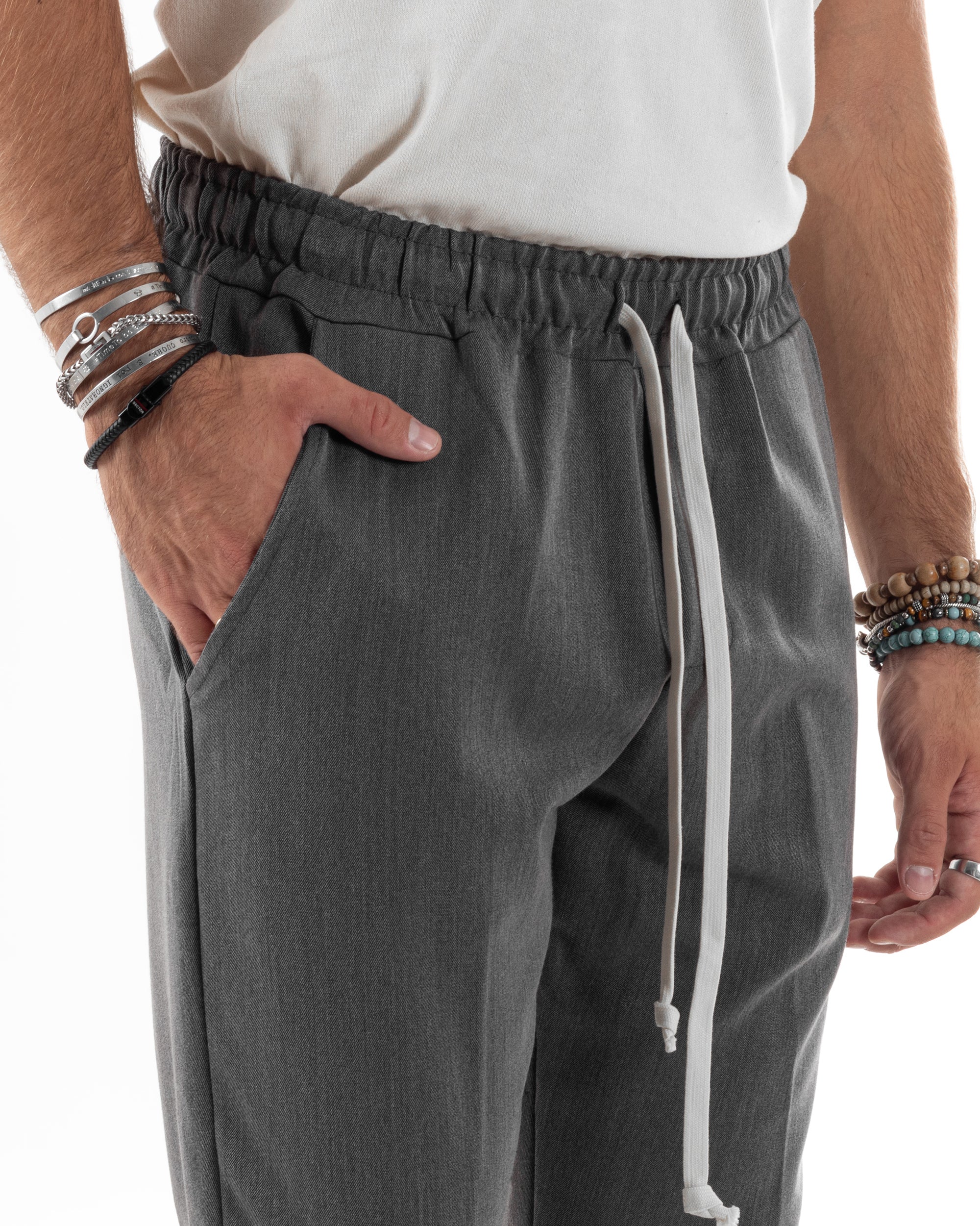 Pantaloni Uomo Pantalaccio Viscosa Morbido Regular Fit Coulisse Elastico Casual Tinta Unita Grigio GIOSAL-P6152A