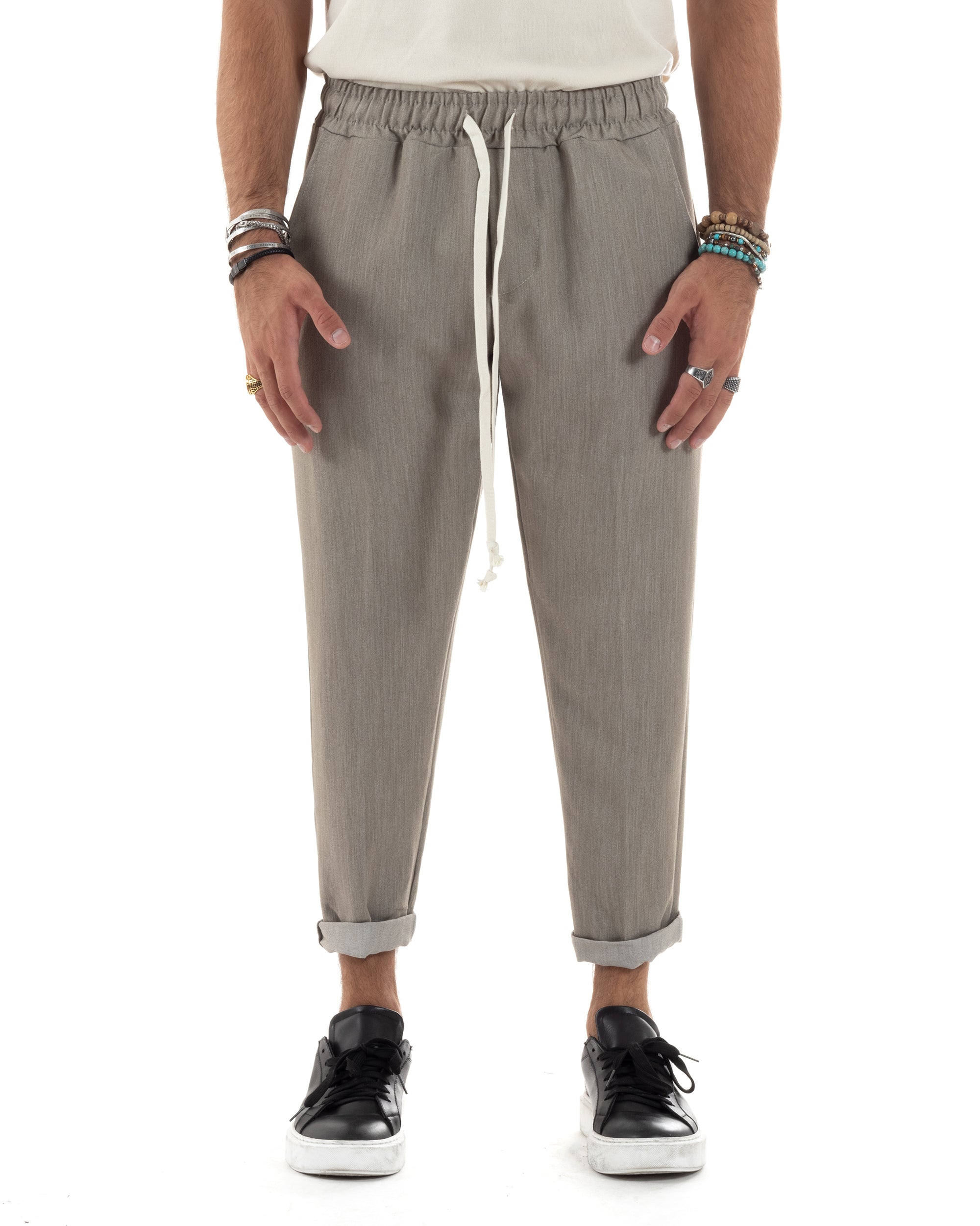 Pantaloni Uomo Pantalaccio Viscosa Morbido Regular Fit Coulisse Elastico Casual Tinta Unita Beige Melangiato GIOSAL-P6153A