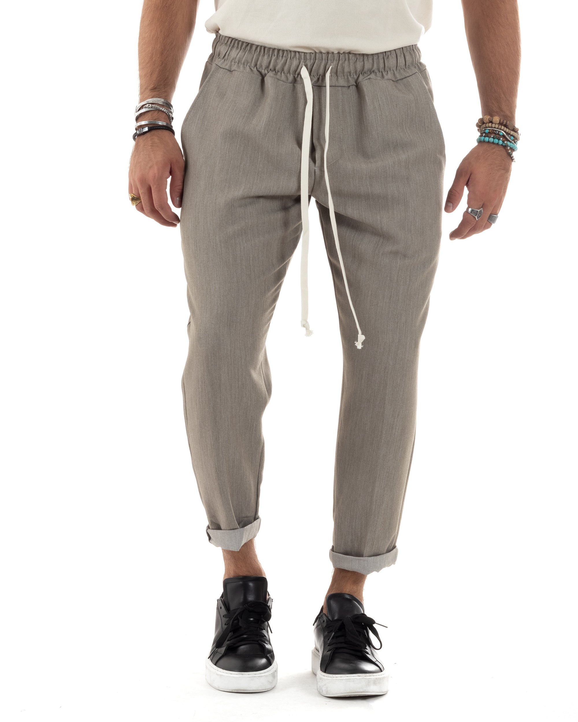 Pantaloni Uomo Pantalaccio Viscosa Morbido Regular Fit Coulisse Elastico Casual Tinta Unita Beige Melangiato GIOSAL-P6153A