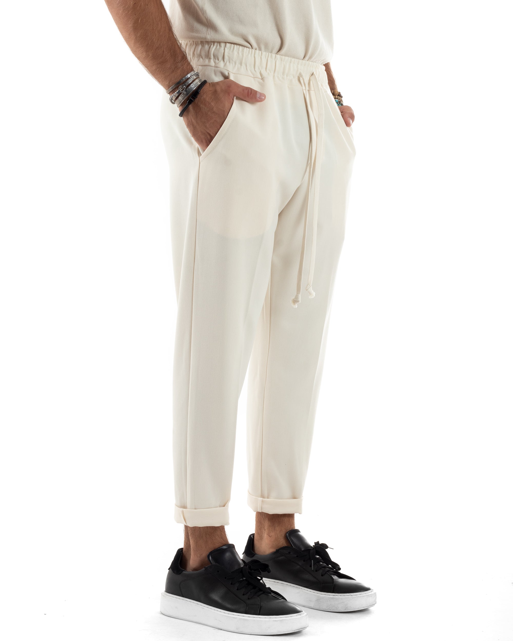 Pantaloni Uomo Pantalaccio Viscosa Morbido Regular Fit Coulisse Elastico Casual Tinta Unita Panna GIOSAL-P6155A