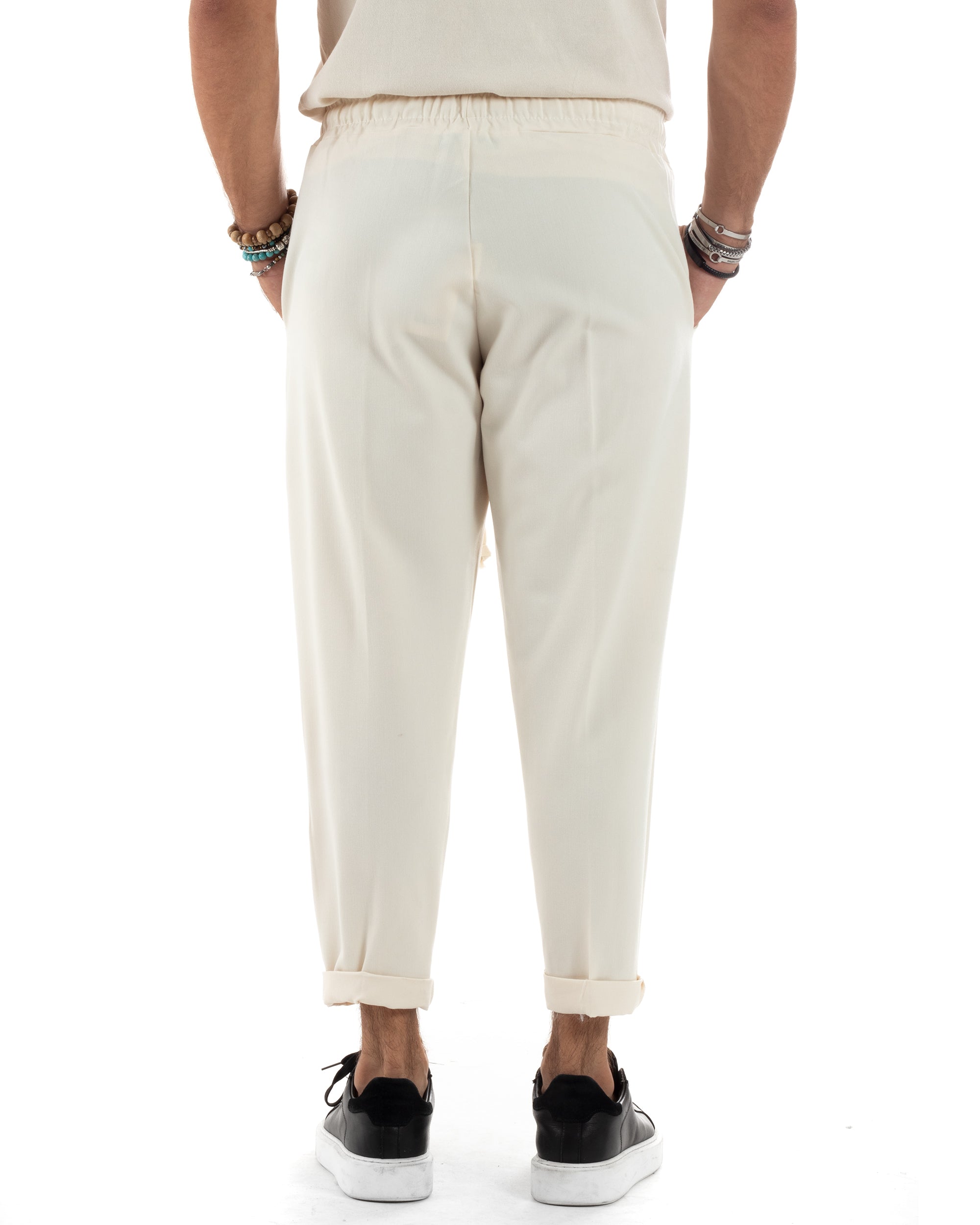 Pantaloni Uomo Pantalaccio Viscosa Morbido Regular Fit Coulisse Elastico Casual Tinta Unita Panna GIOSAL-P6155A