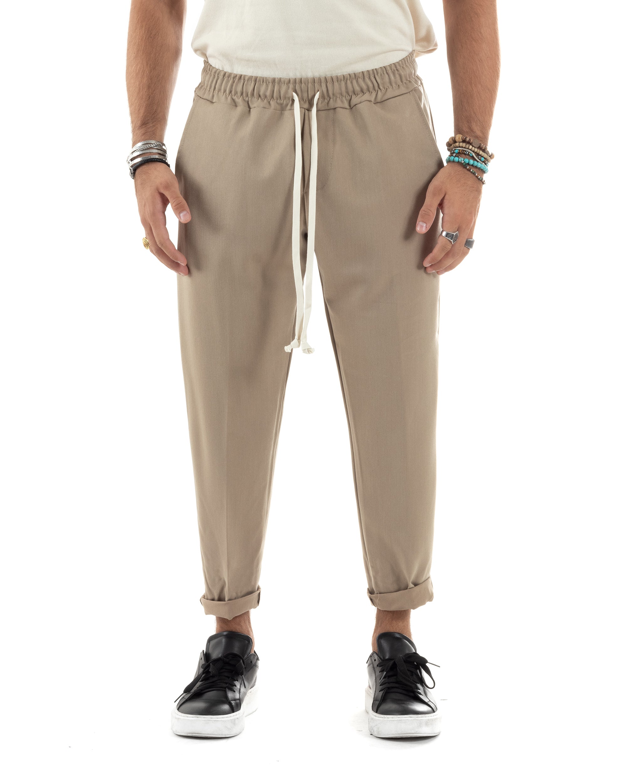 Pantaloni Uomo Pantalaccio Viscosa Morbido Regular Fit Coulisse Elastico Casual Tinta Unita Beige GIOSAL-P6156A
