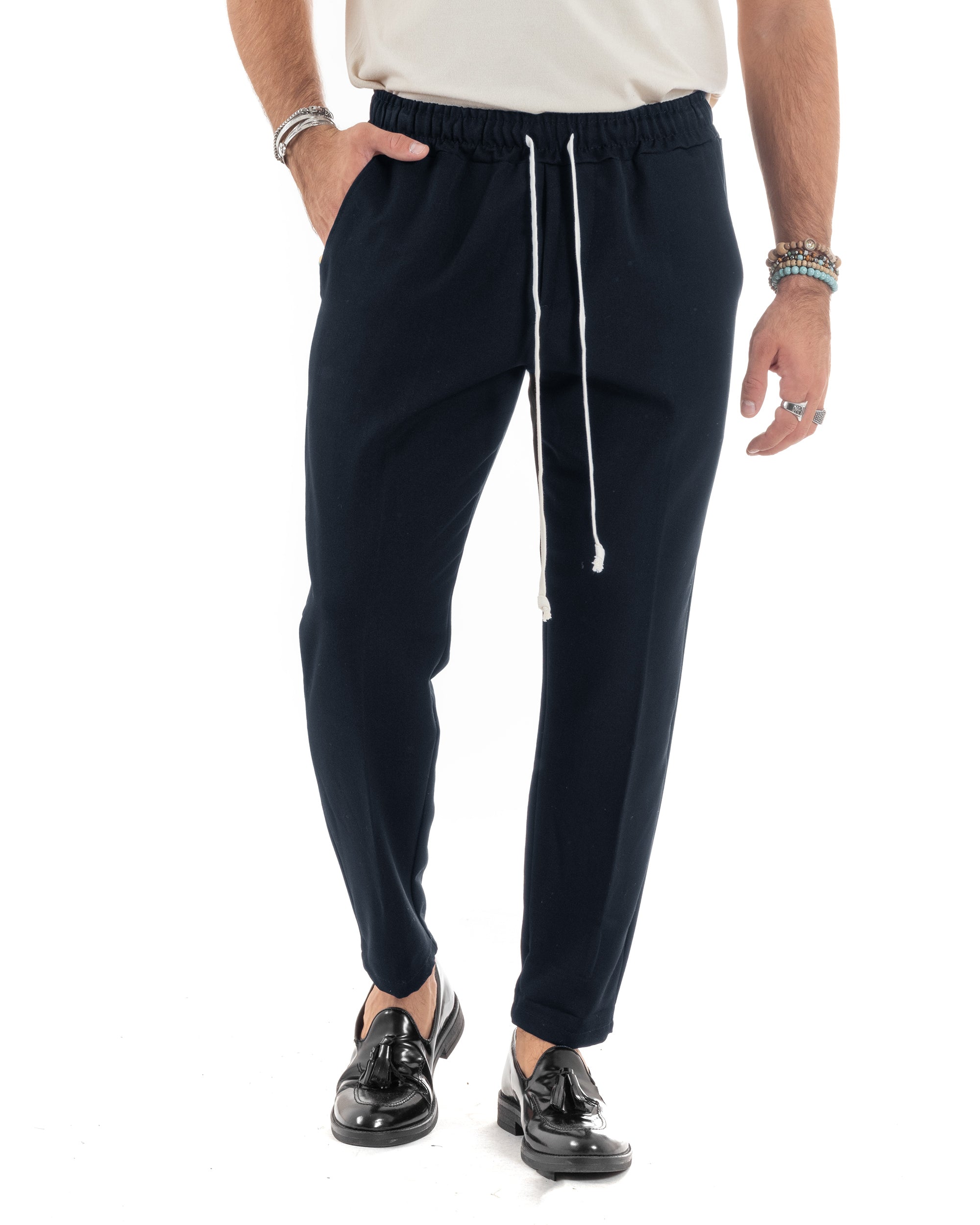 Pantaloni Uomo Pantalaccio Viscosa Morbido Regular Fit Coulisse Elastico Casual Tinta Unita Blu GIOSAL-P6157A