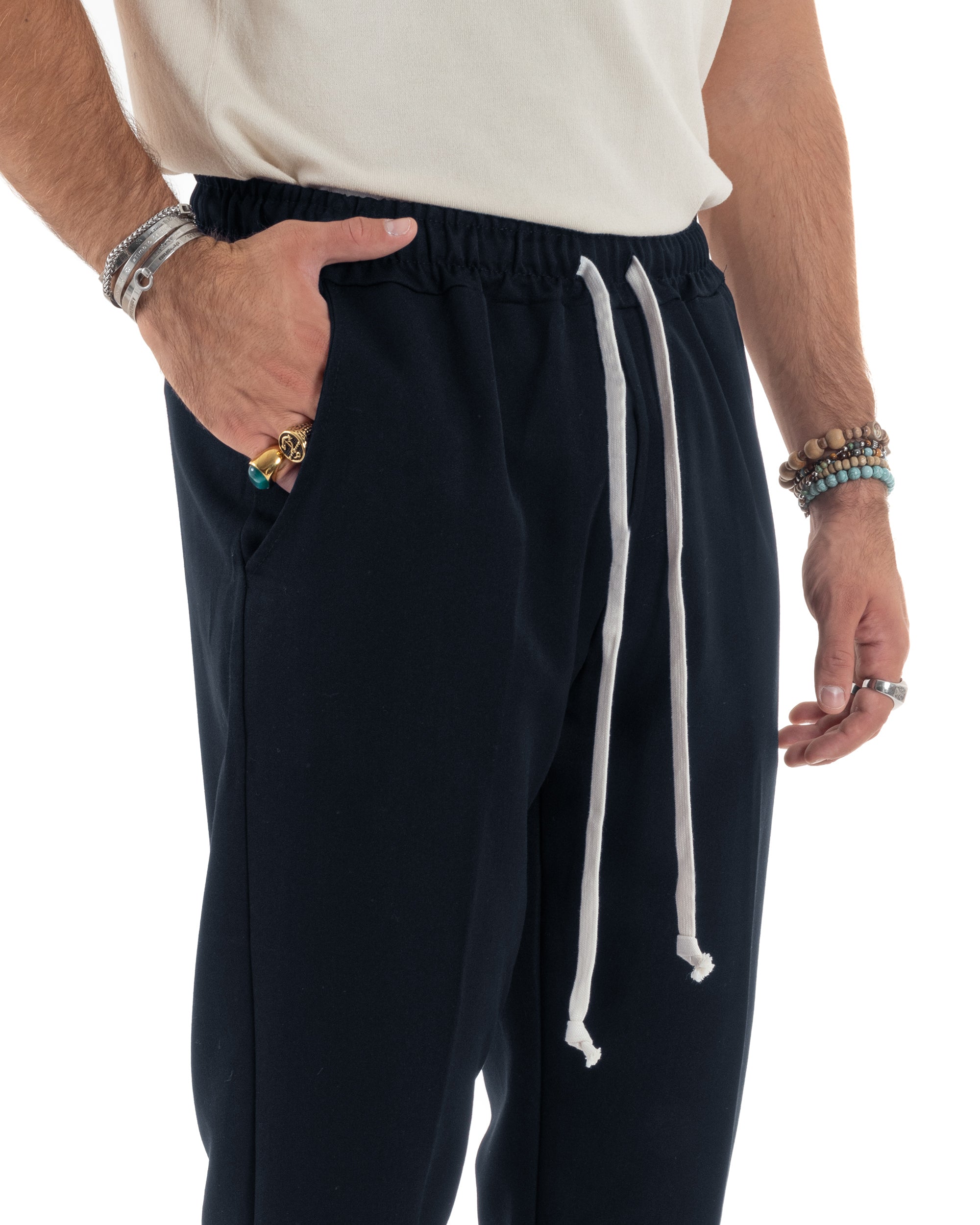 Pantaloni Uomo Pantalaccio Viscosa Morbido Regular Fit Coulisse Elastico Casual Tinta Unita Blu GIOSAL-P6157A
