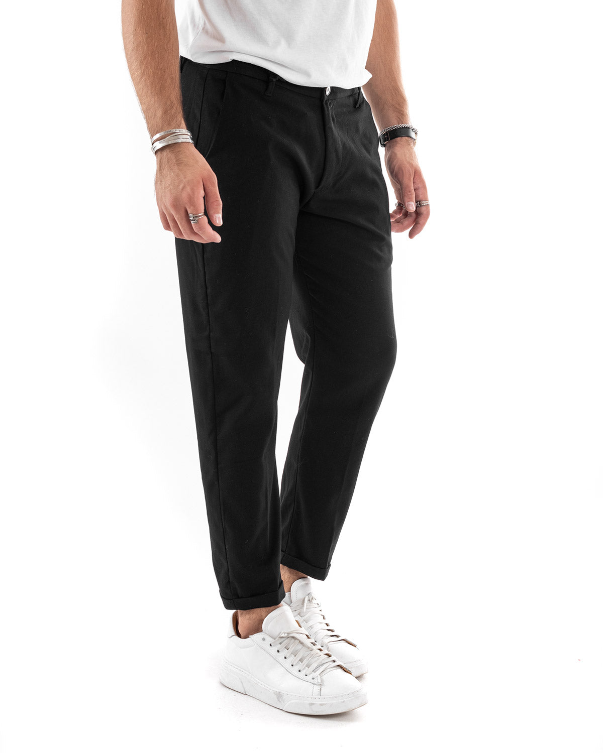 Pantaloni Uomo Tasca America Chinos Lungo Classico Slim Casual Tinta Unita Nero GIOSAL-P6161A