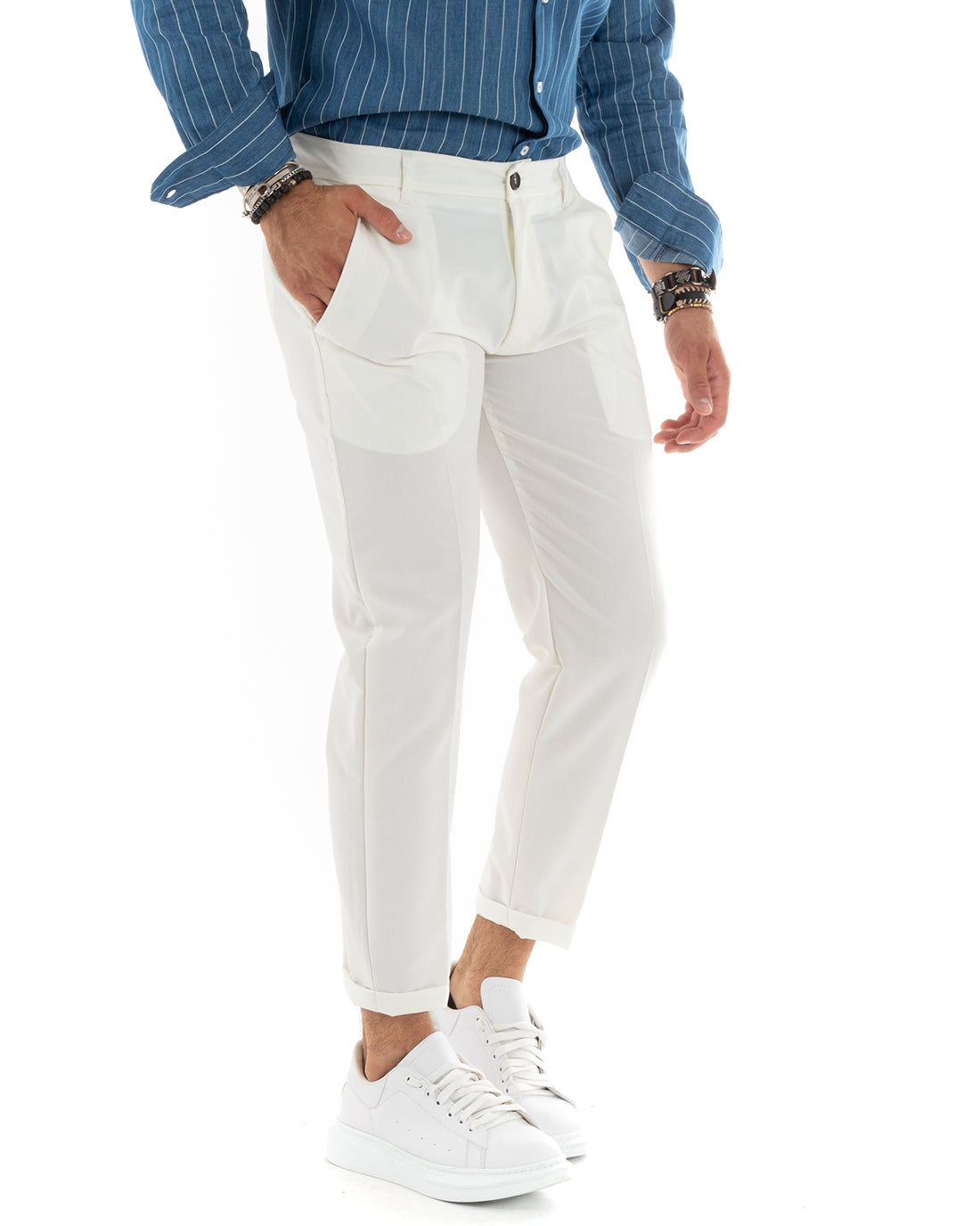 Pantaloni Uomo Tasca America Chinos Lungo Classico Slim Casual Tinta Unita Bianco GIOSAL-P6162A