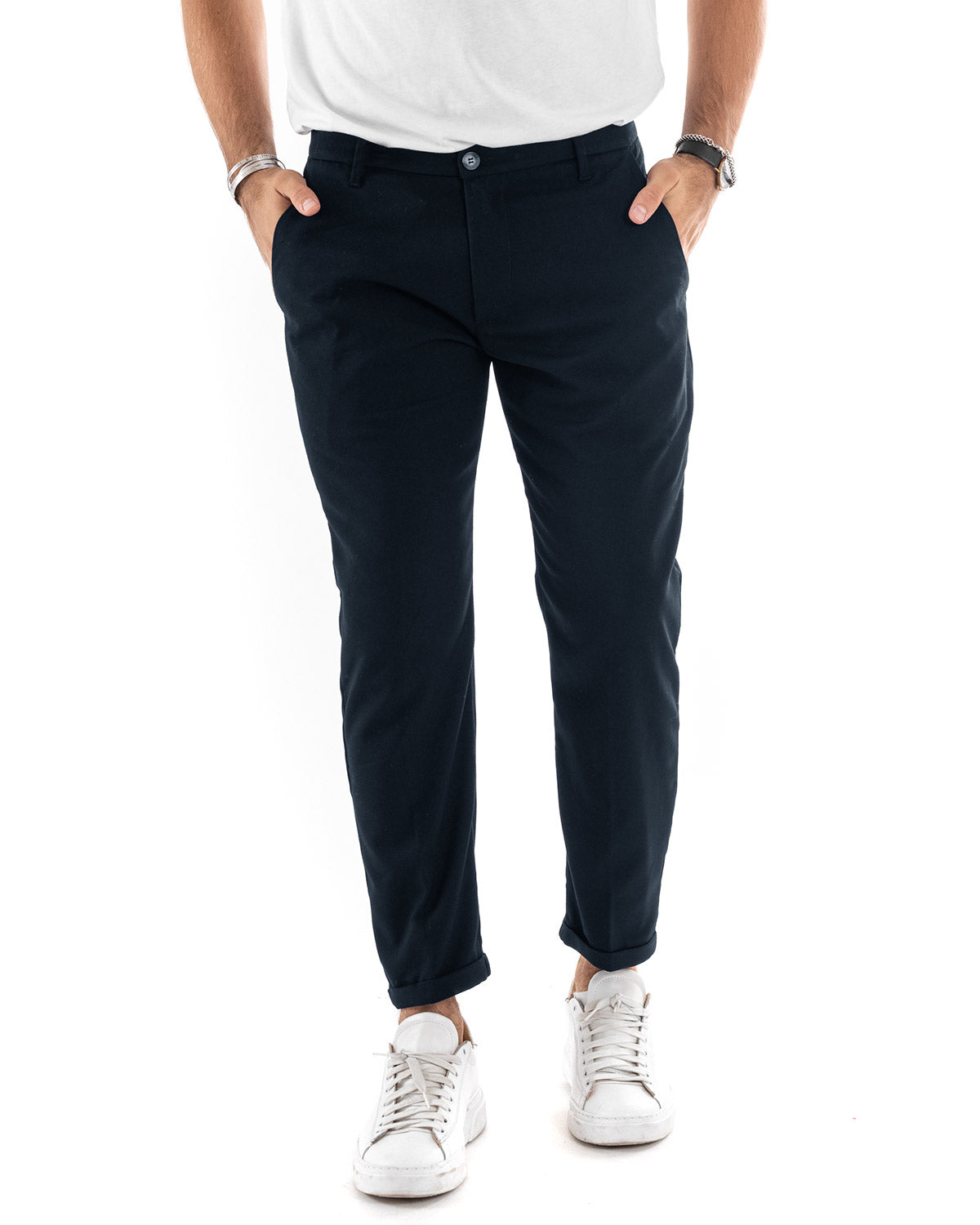 Pantaloni Uomo Tasca America Chinos Lungo Classico Slim Casual Tinta Unita Blu GIOSAL-P6164A