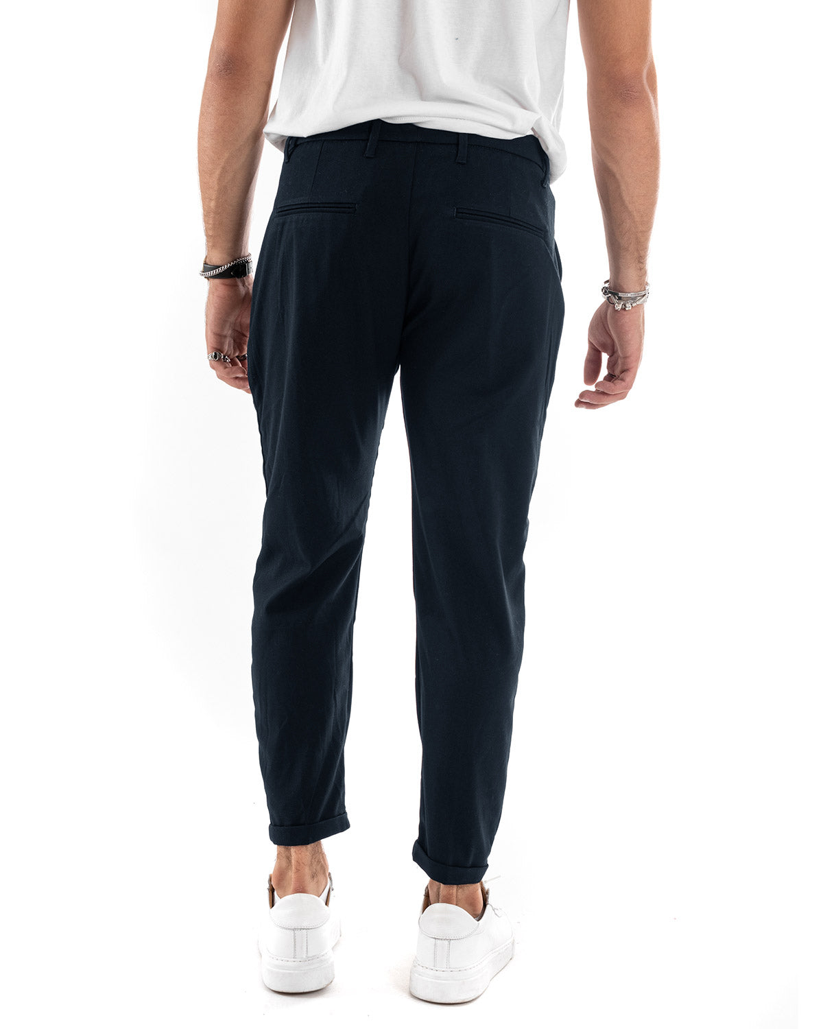 Pantaloni Uomo Tasca America Chinos Lungo Classico Slim Casual Tinta Unita Blu GIOSAL-P6164A