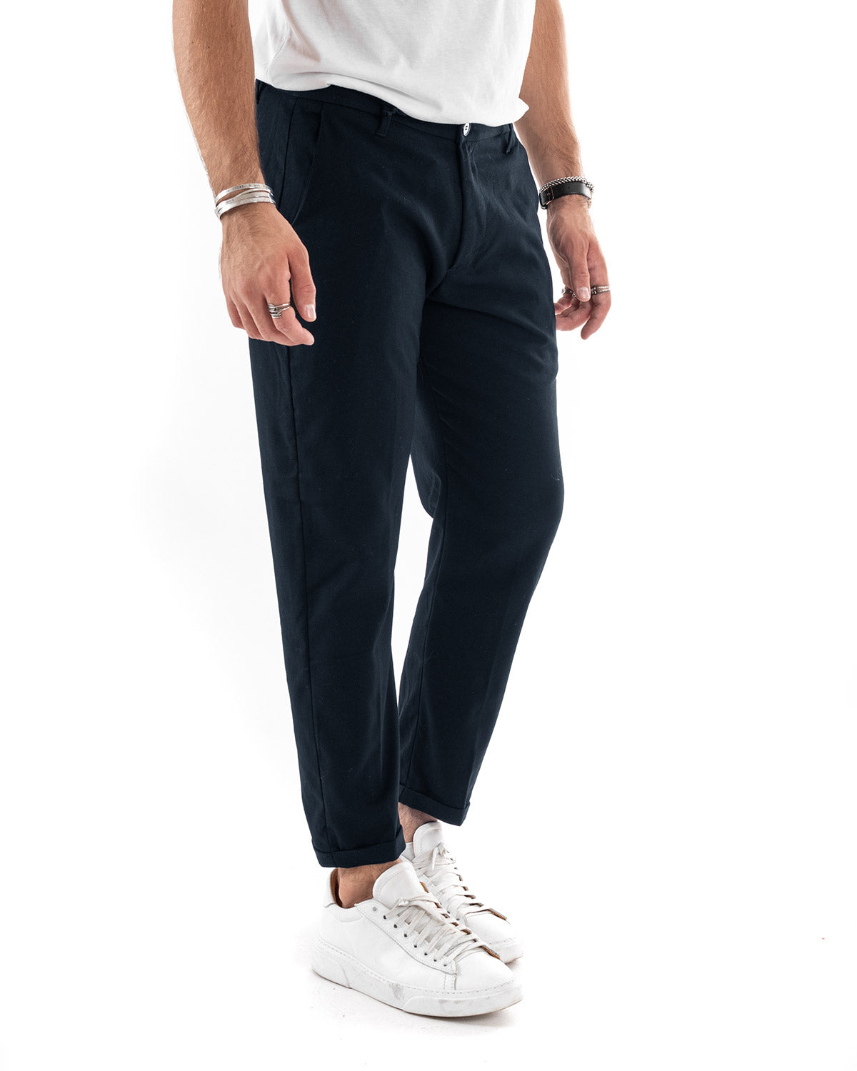 Pantaloni Uomo Tasca America Chinos Lungo Classico Slim Casual Tinta Unita Blu GIOSAL-P6164A