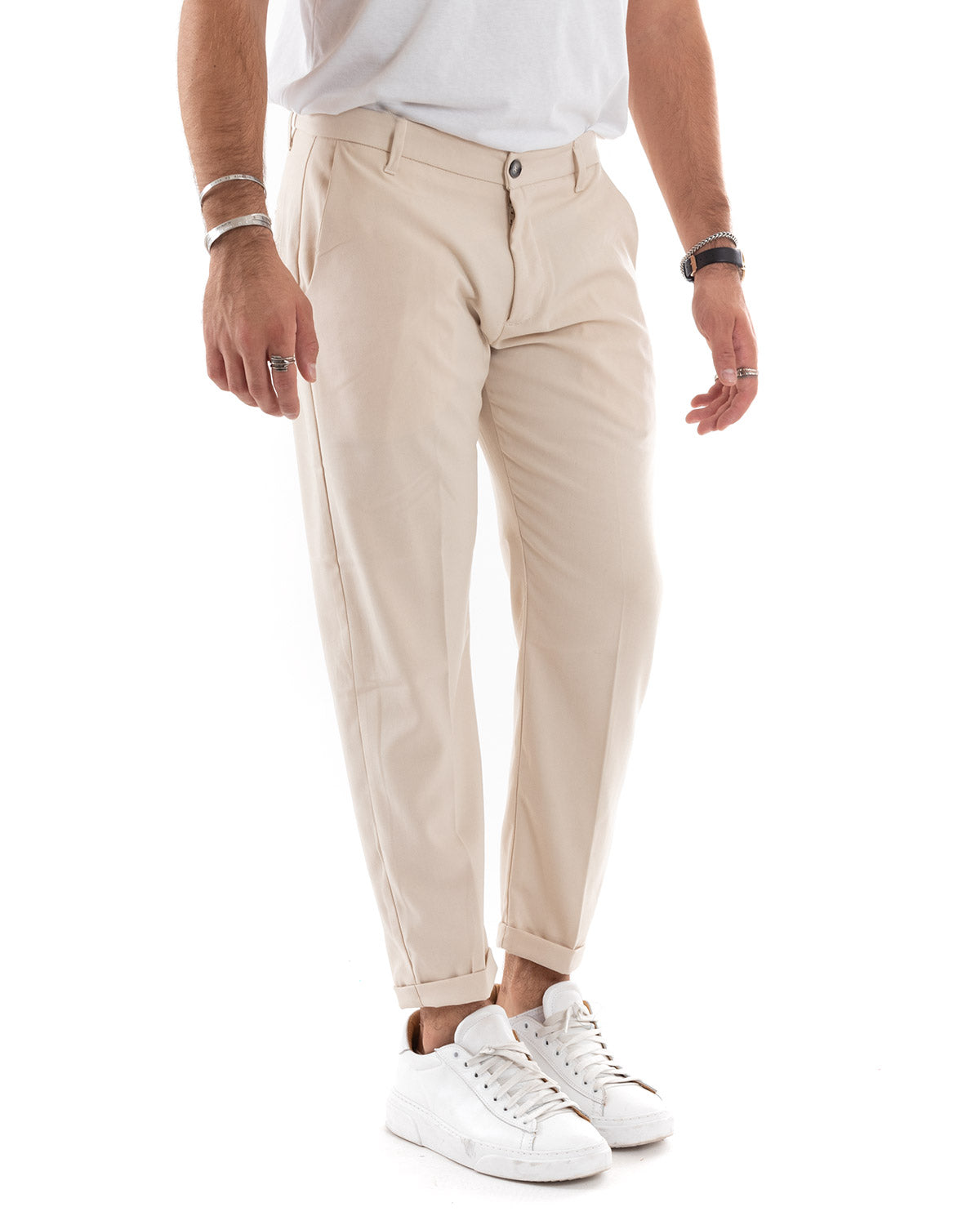 Pantaloni Uomo Tasca America Chinos Lungo Classico Slim Casual Tinta Unita Beige GIOSAL-P6165A