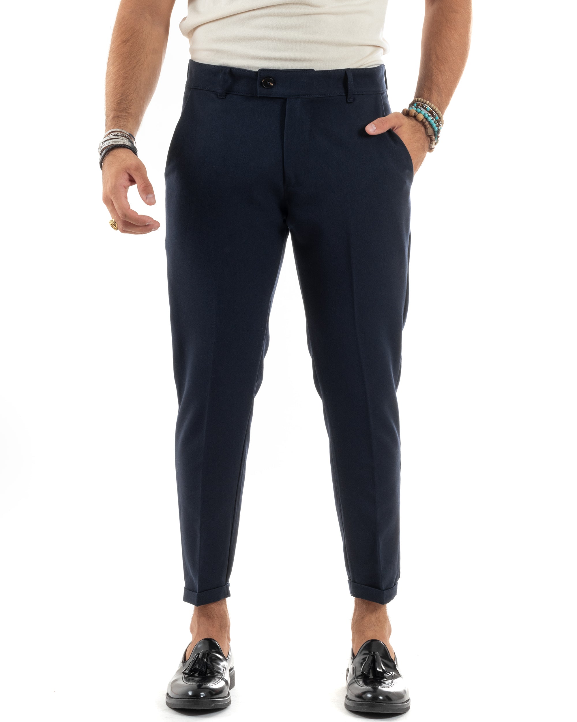 Pantaloni Uomo Viscosa Tasca America Classico Abbottonatura Allungata Casual Blu GIOSAL-P6166A