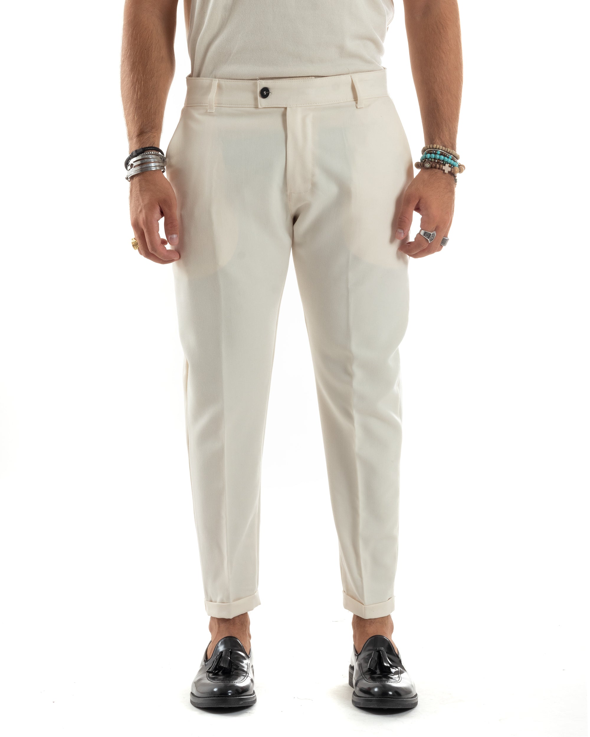 Pantaloni Uomo Viscosa Tasca America Classico Abbottonatura Allungata Casual Panna GIOSAL-P6167A