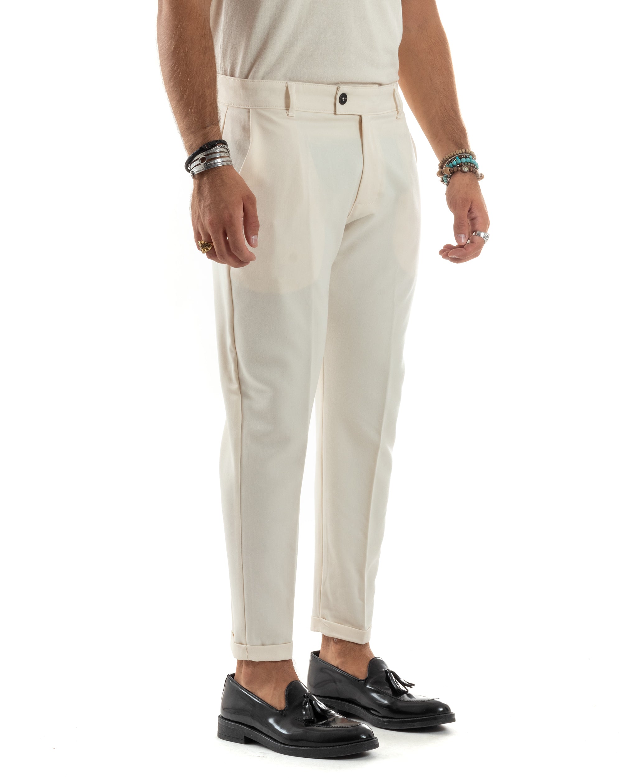 Pantaloni Uomo Viscosa Tasca America Classico Abbottonatura Allungata Casual Panna GIOSAL-P6167A