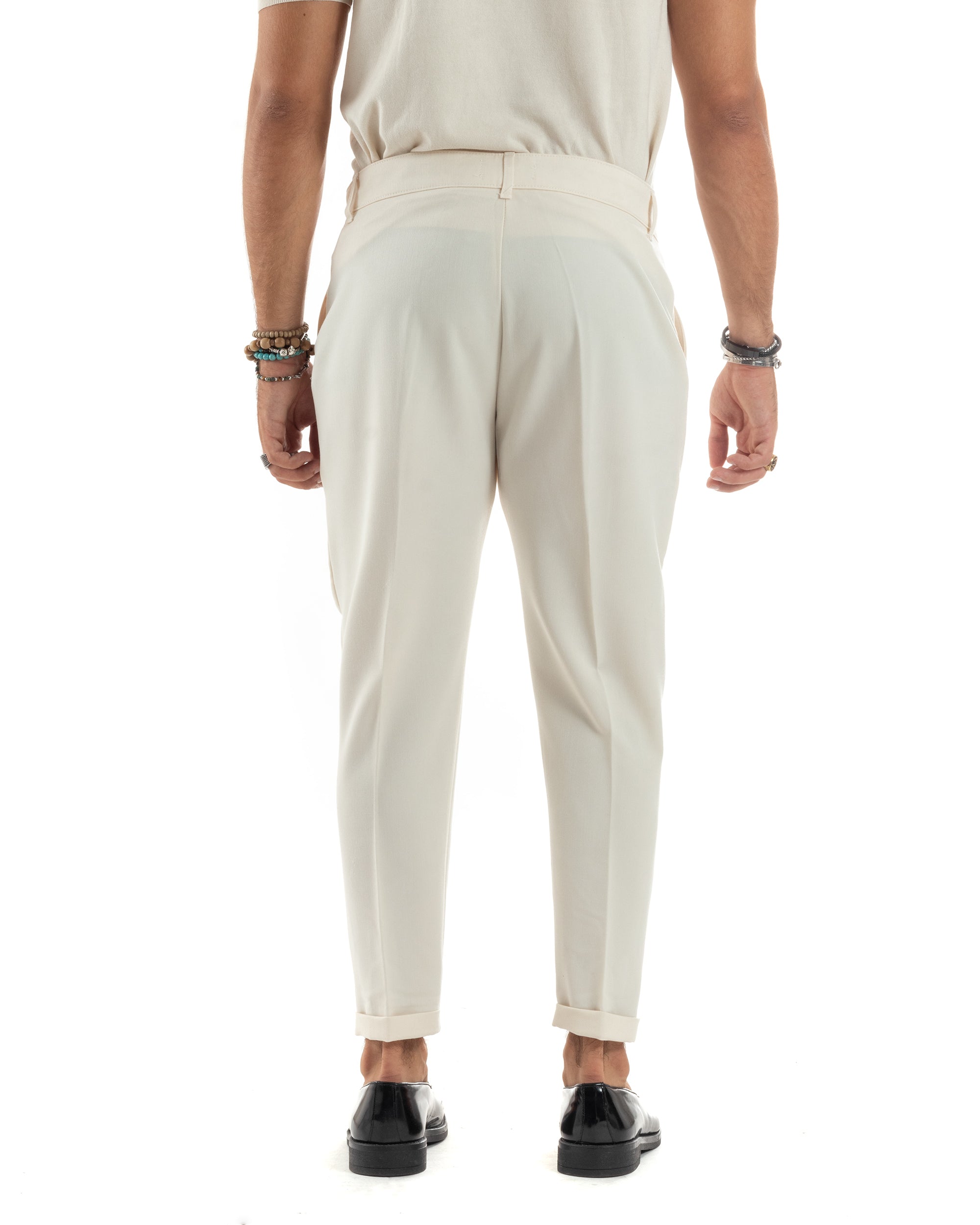 Pantaloni Uomo Viscosa Tasca America Classico Abbottonatura Allungata Casual Panna GIOSAL-P6167A