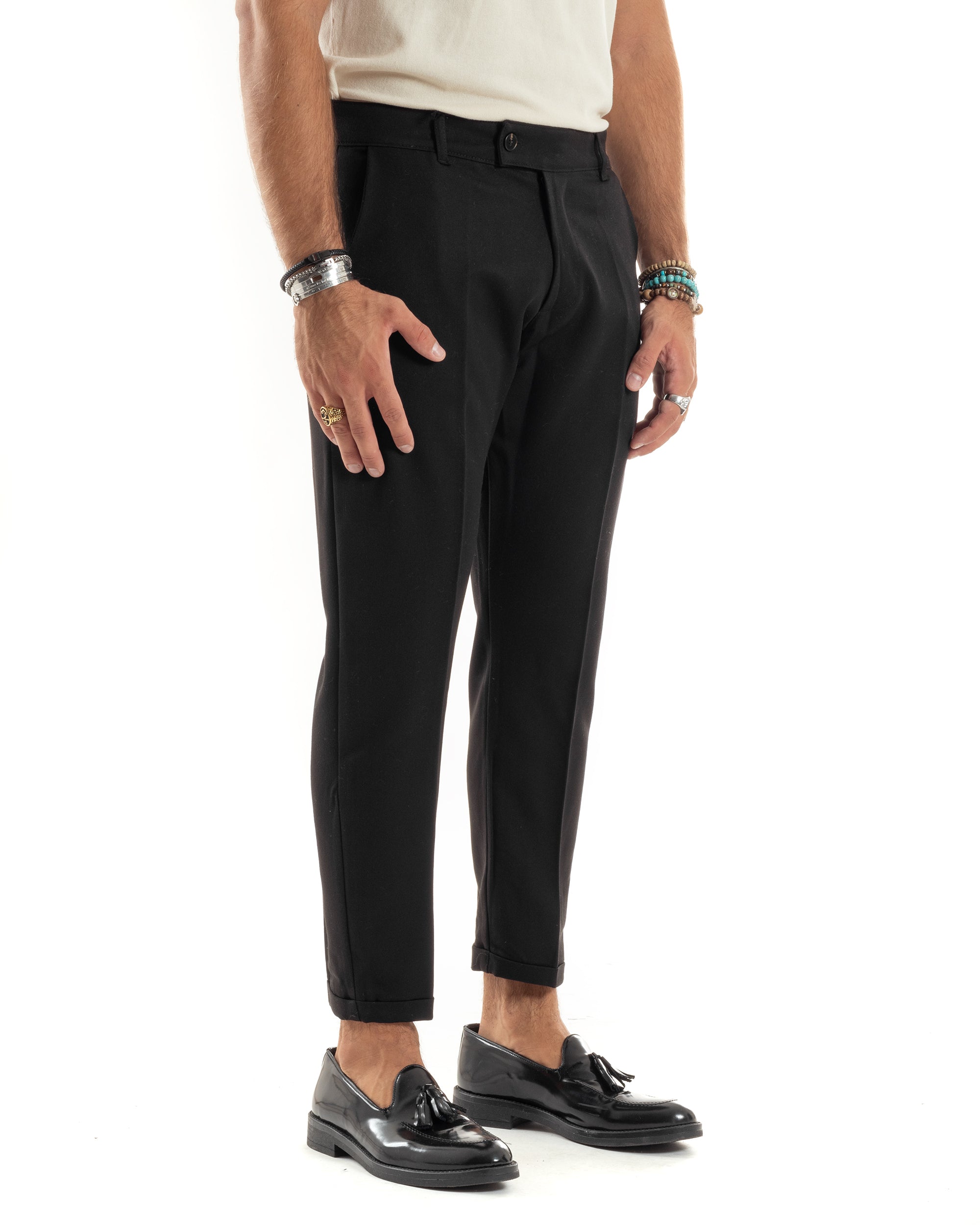 Pantaloni Uomo Viscosa Tasca America Classico Abbottonatura Allungata Casual Nero GIOSAL-P6168A