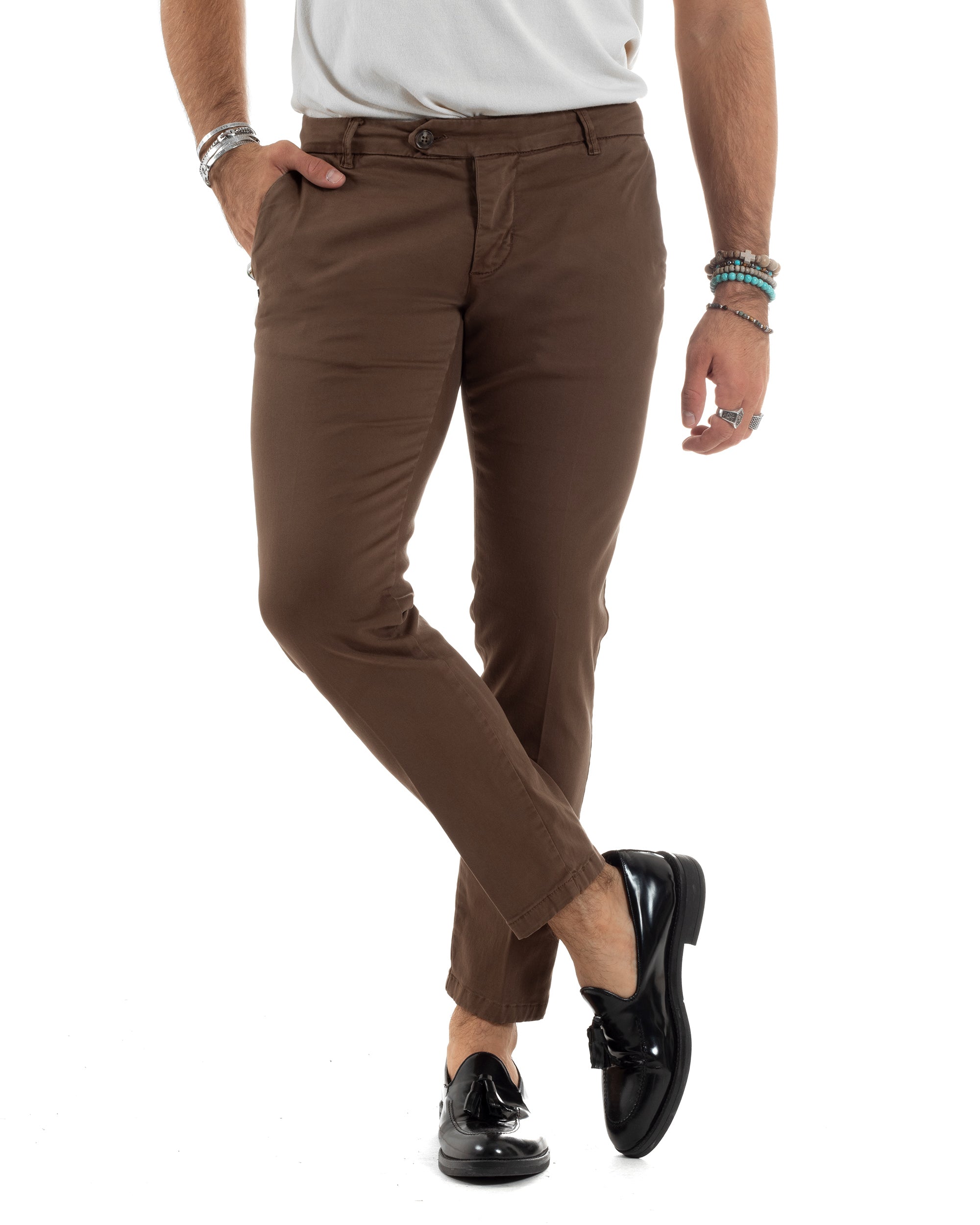Pantaloni Uomo Tasca America Con Abbottonatura Allungata Cotone Invernale Capri Sartoriale Slim Marrone GIOSAL-P6171A