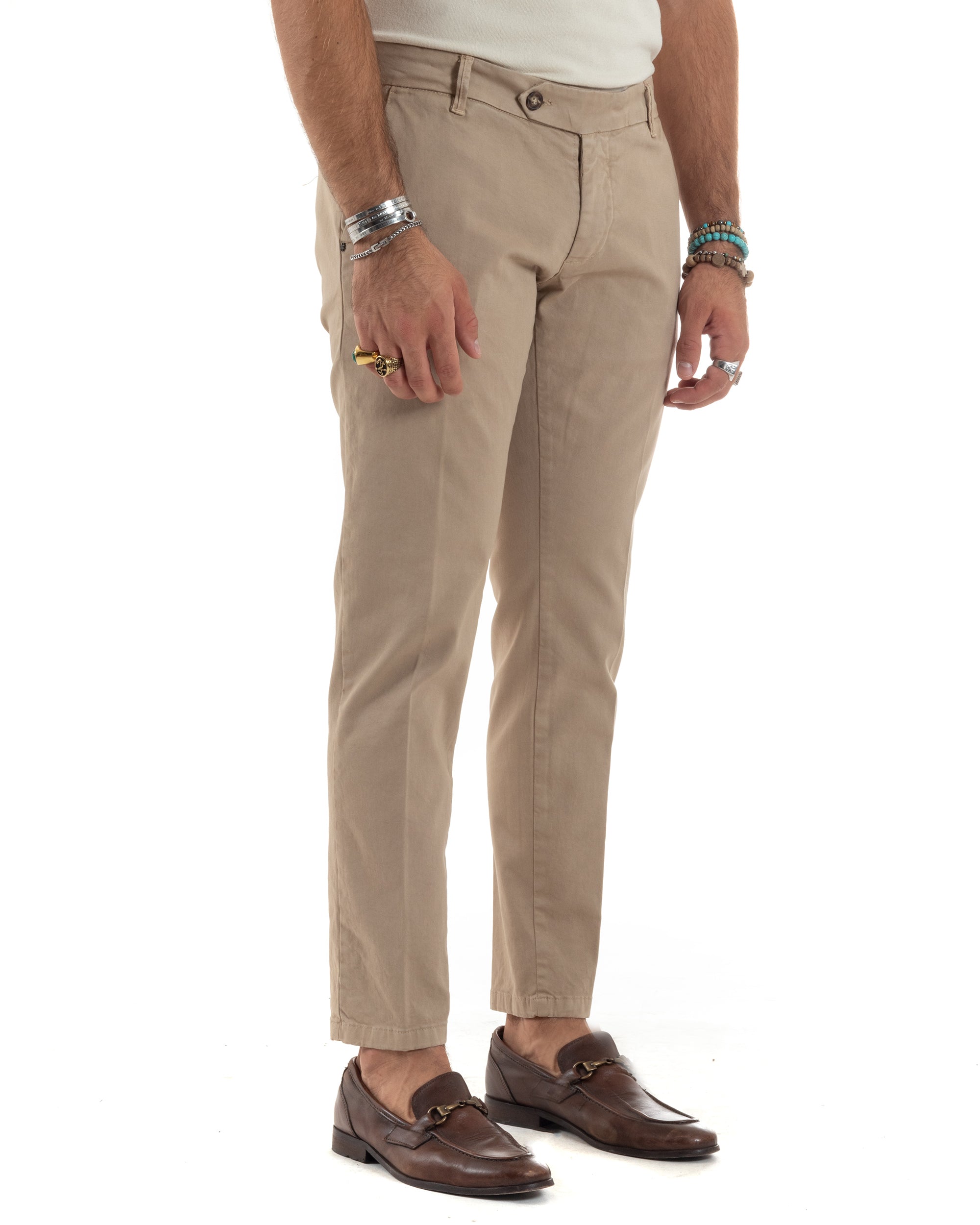 Pantaloni Uomo Tasca America Con Abbottonatura Allungata Cotone Invernale Capri Sartoriale Slim Beige GIOSAL-P6174A