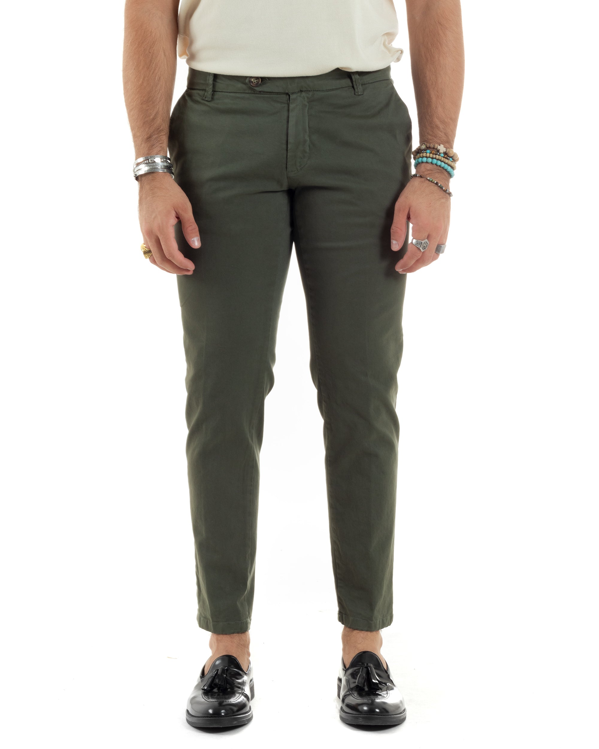 Pantaloni Uomo Tasca America Con Abbottonatura Allungata Cotone Invernale Capri Sartoriale Slim Verde GIOSAL-P6177A