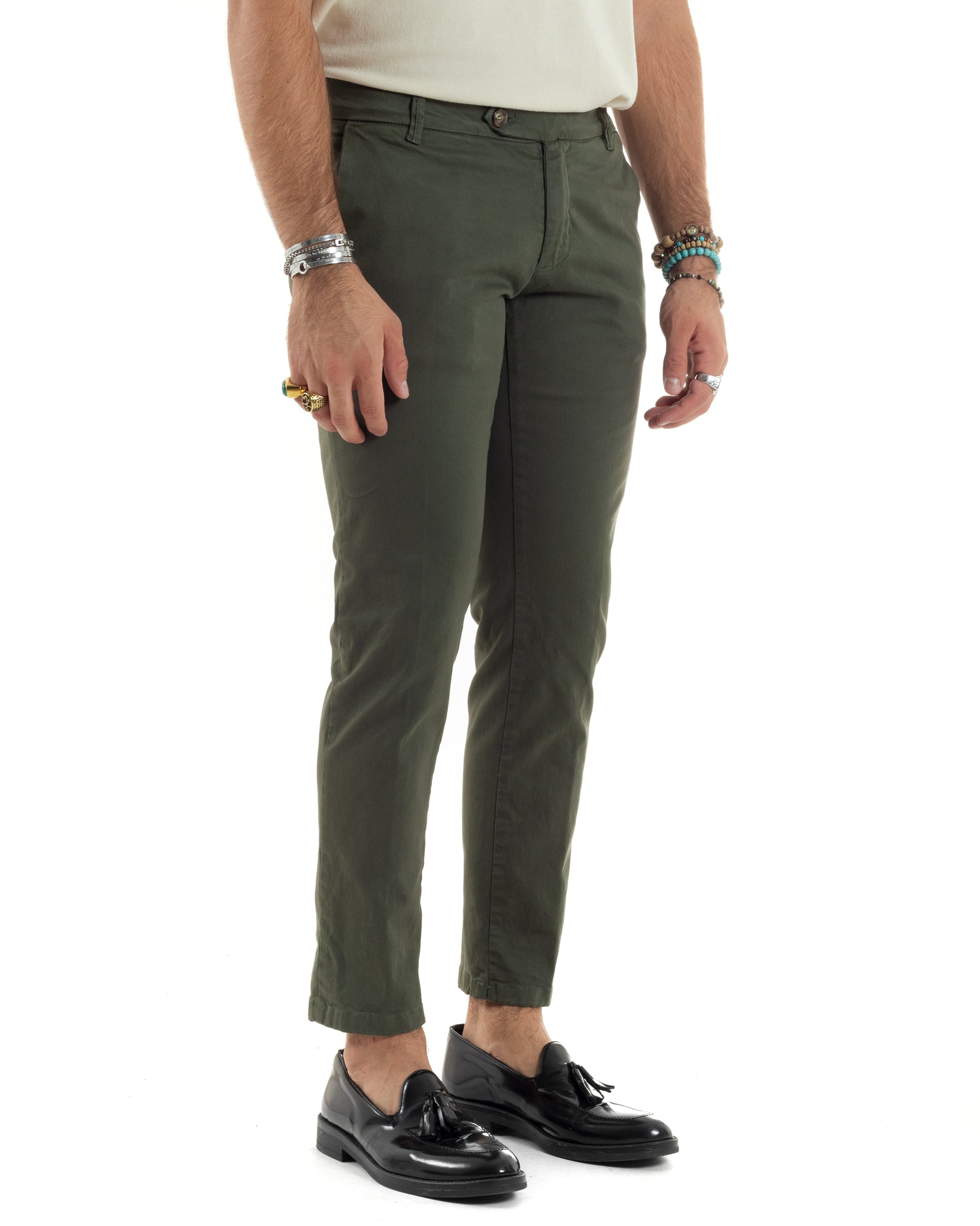 Pantaloni Uomo Tasca America Con Abbottonatura Allungata Cotone Invernale Capri Sartoriale Slim Verde GIOSAL-P6177A