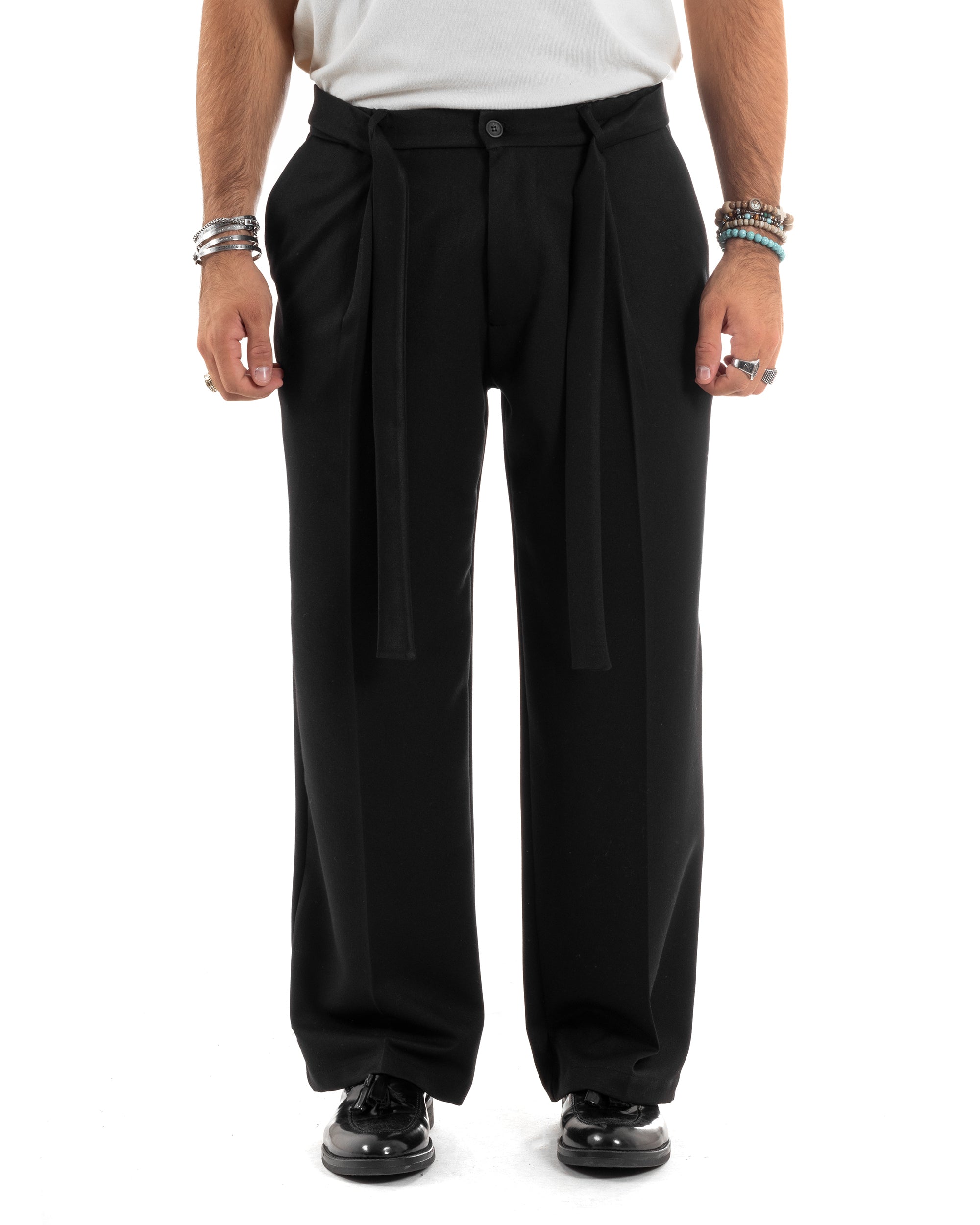 Pantaloni Uomo Viscosa Palazzo Fondo Ampio Jogger Con Pinces E Fusciacca Comodo Casual Tinta Unita Nero GIOSAL-P6189A