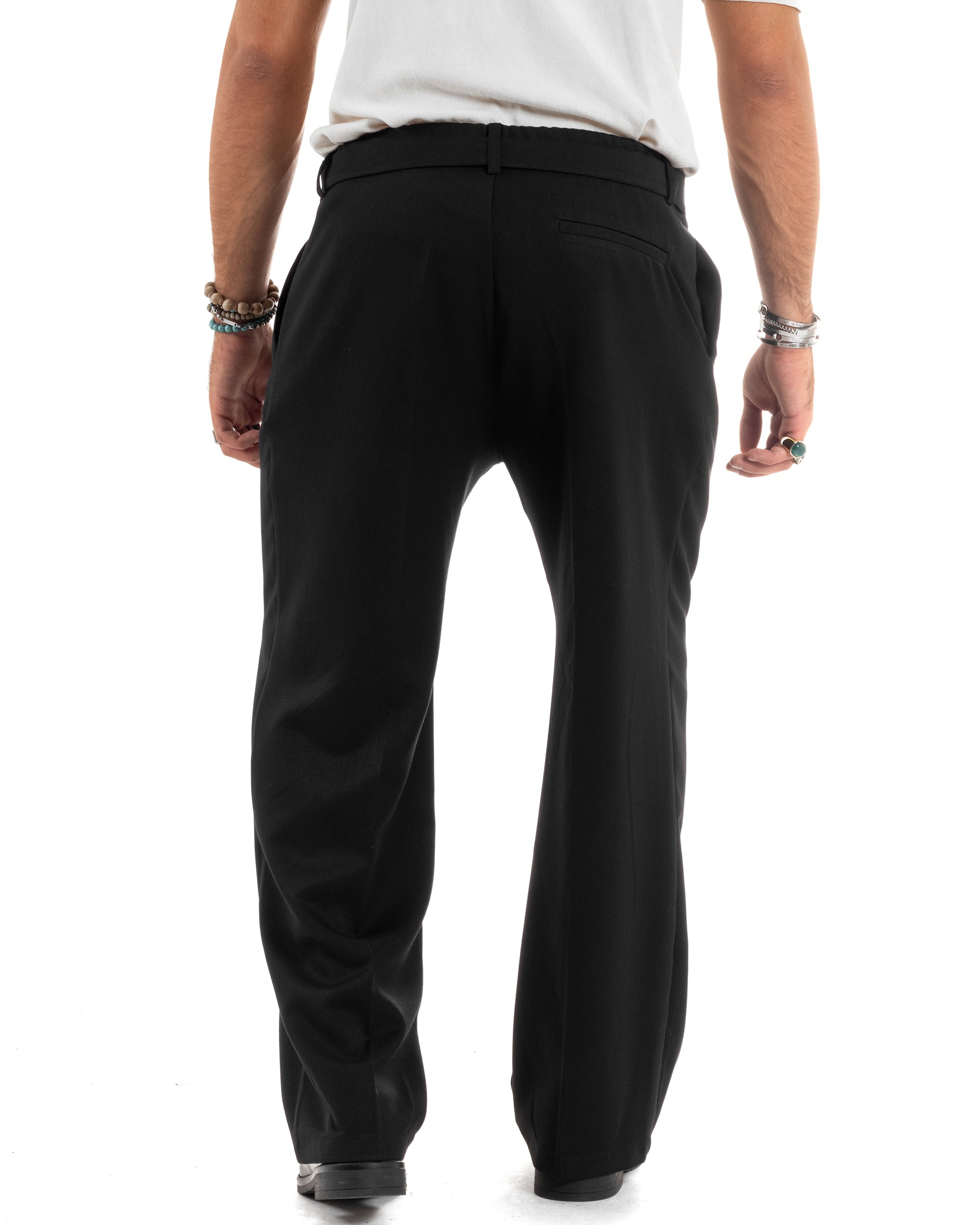 Pantaloni Uomo Viscosa Palazzo Fondo Ampio Jogger Con Pinces E Fusciacca Comodo Casual Tinta Unita Nero GIOSAL-P6189A