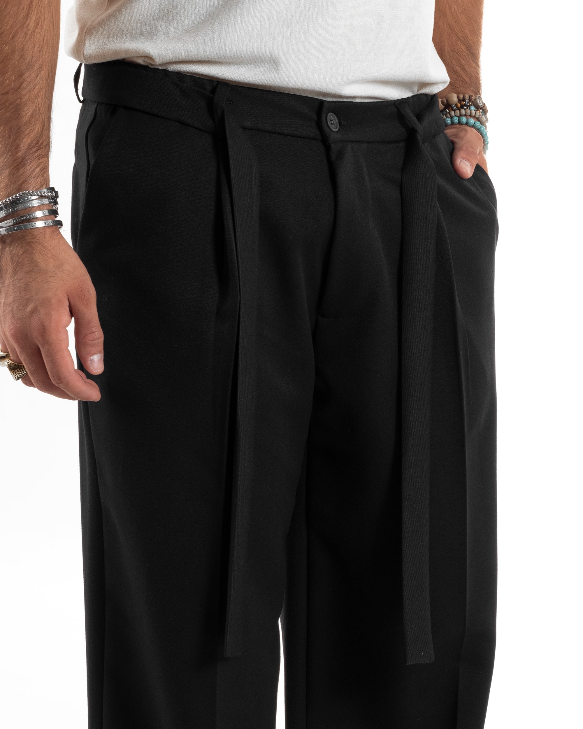 Pantaloni Uomo Viscosa Palazzo Fondo Ampio Jogger Con Pinces E Fusciacca Comodo Casual Tinta Unita Nero GIOSAL-P6189A