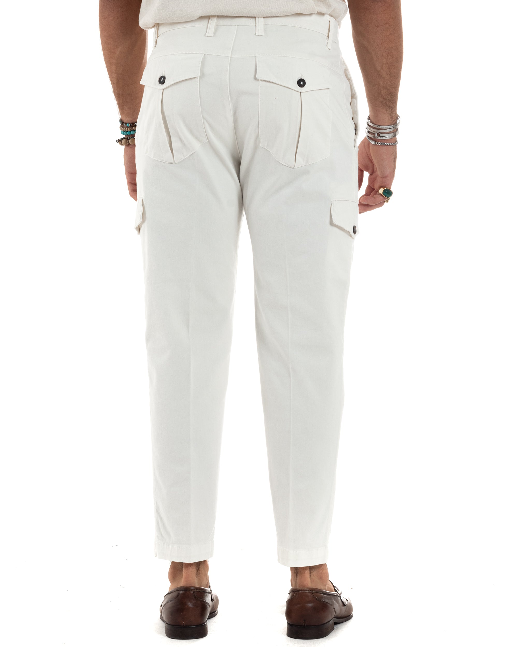 Pantaloni Uomo Cotone Cargo Con Pinces E Tasconi Chino Regular Fit Casual Tinta Unita Panna GIOSAL-P6192A