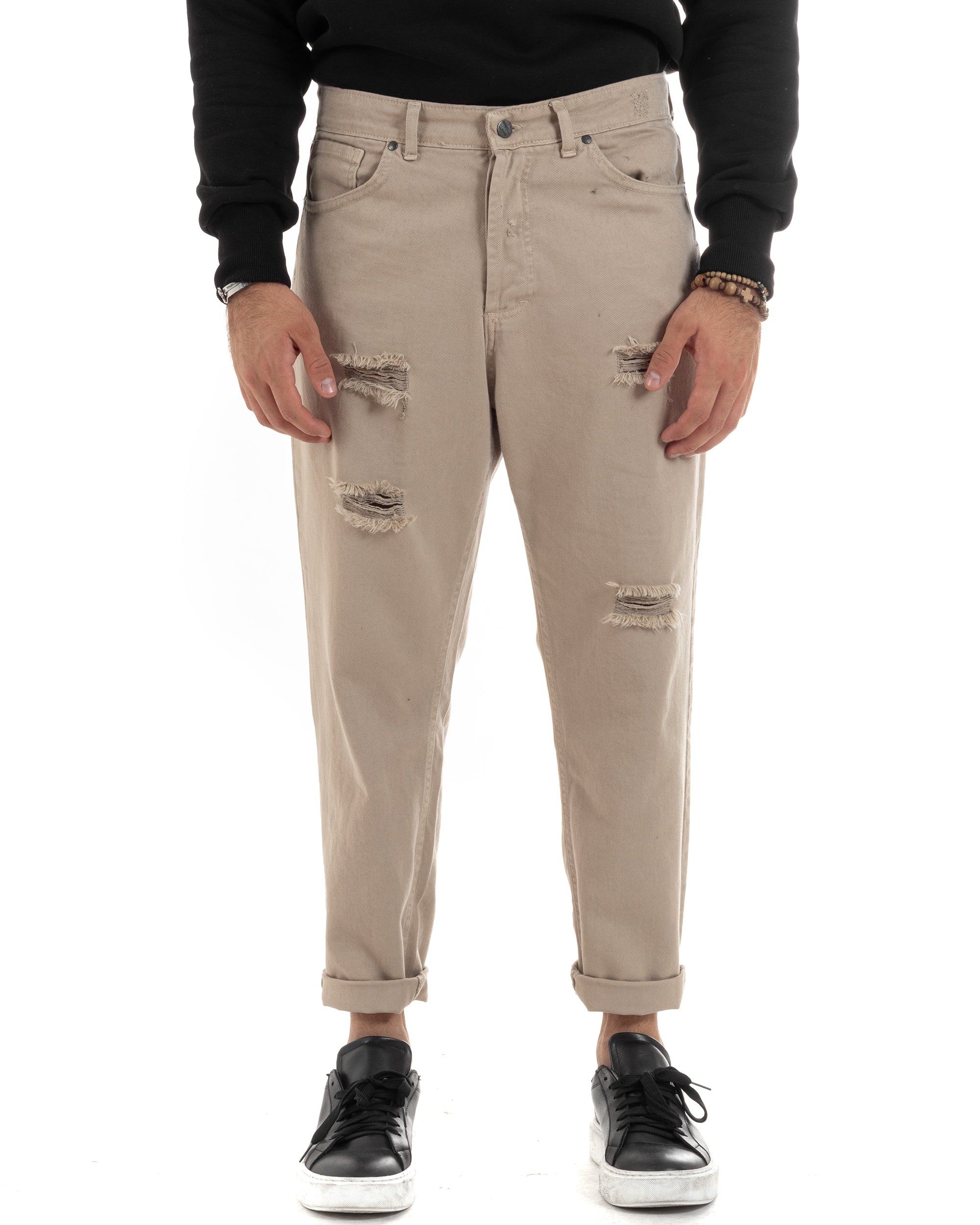 Jeans Uomo Loose Fit Pantaloni Con Rotture Casual Basic Beige P6201A