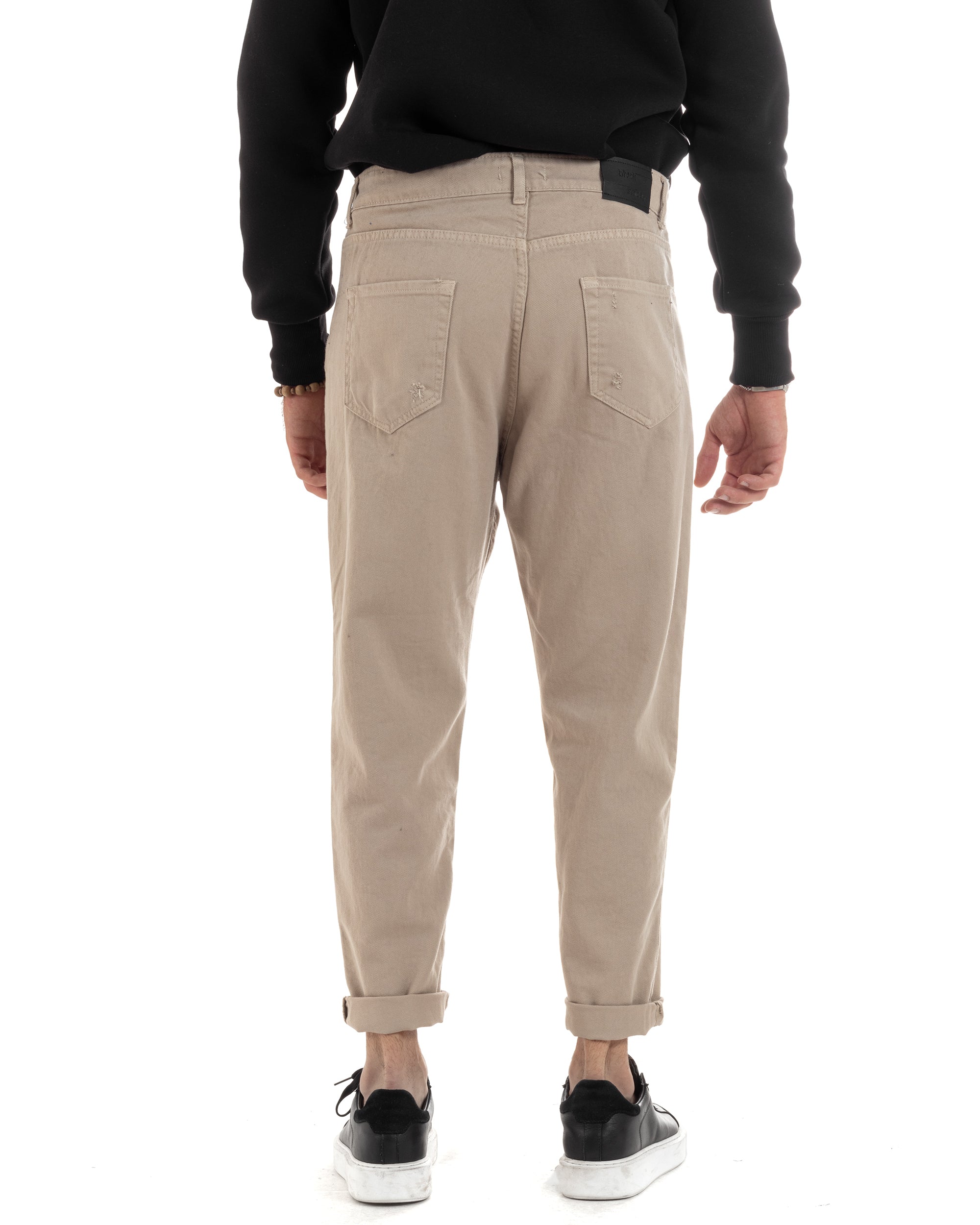 Jeans Uomo Loose Fit Pantaloni Con Rotture Casual Basic Beige P6201A