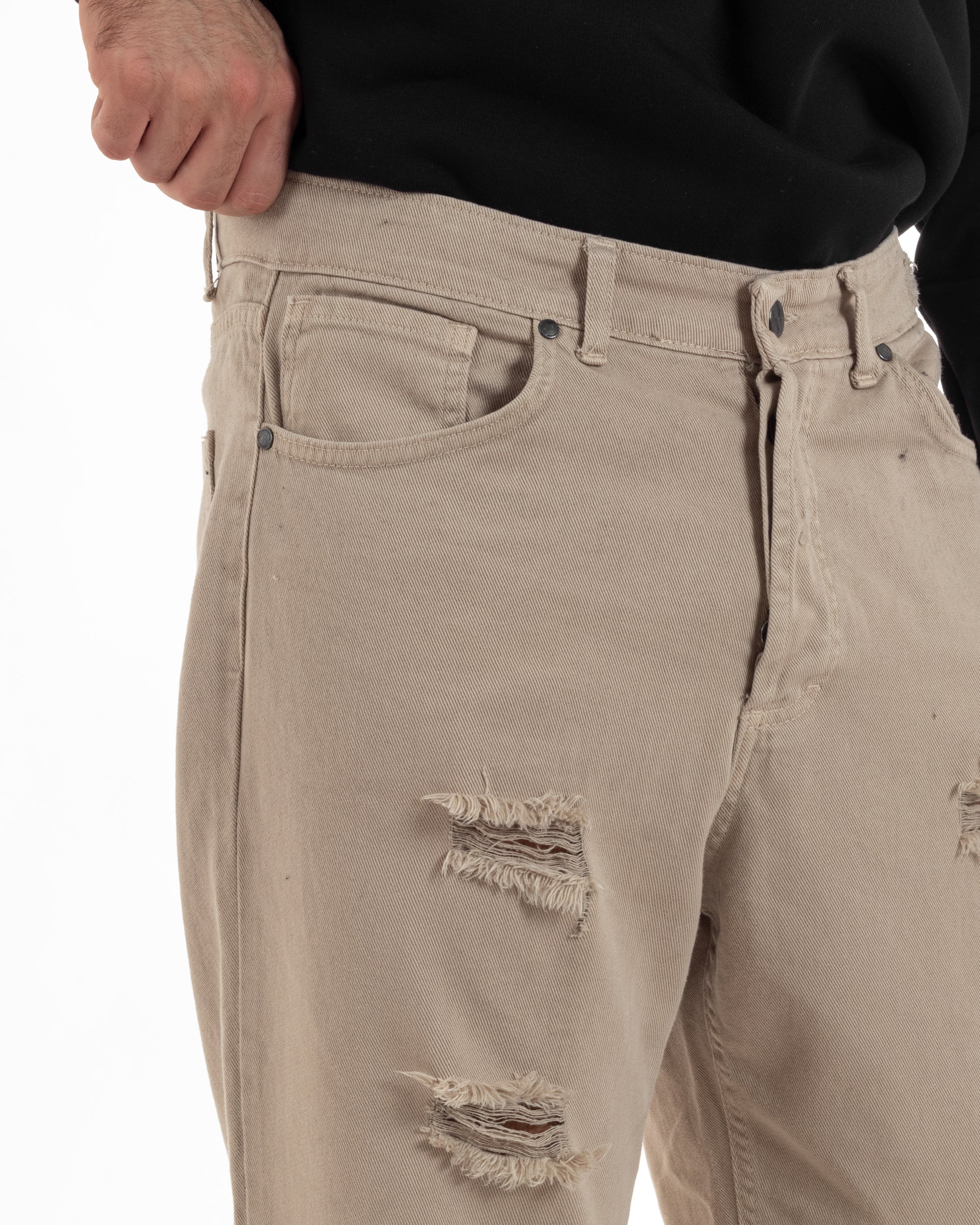 Jeans Uomo Loose Fit Pantaloni Con Rotture Casual Basic Beige P6201A