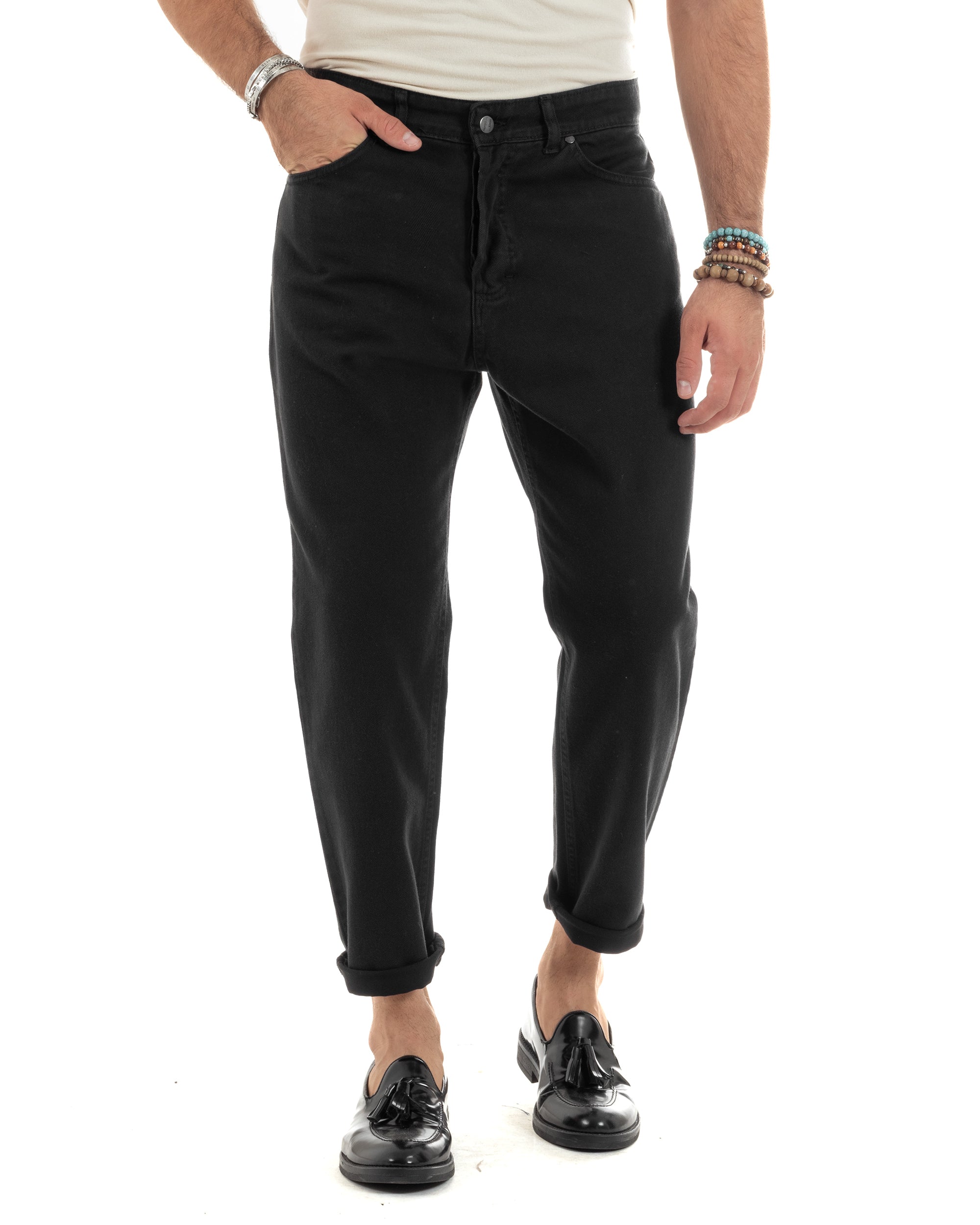 Jeans Uomo Loose Fit Pantaloni Cotone Casual Basic Nero P6202A