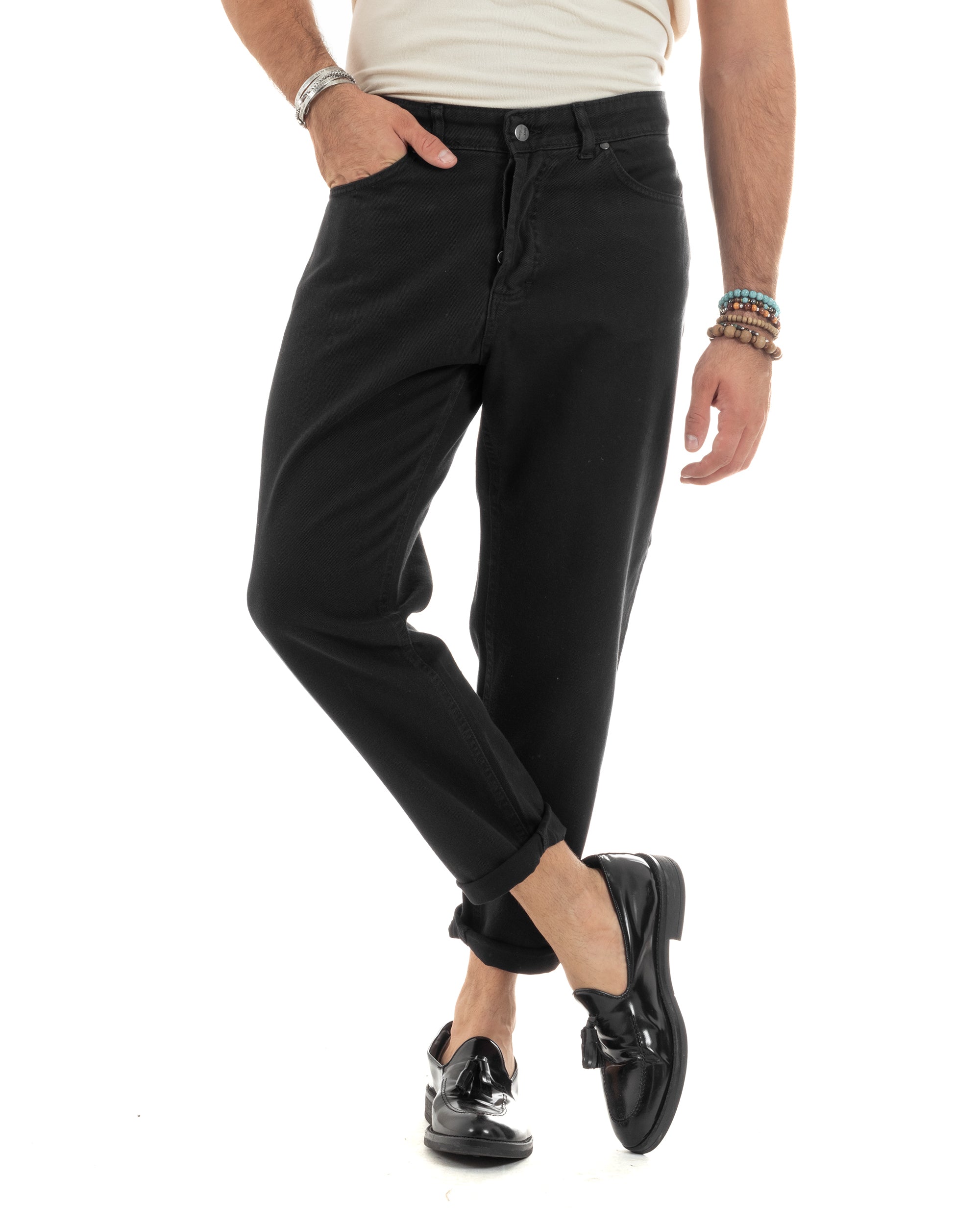 Jeans Uomo Loose Fit Pantaloni Cotone Casual Basic Nero P6202A
