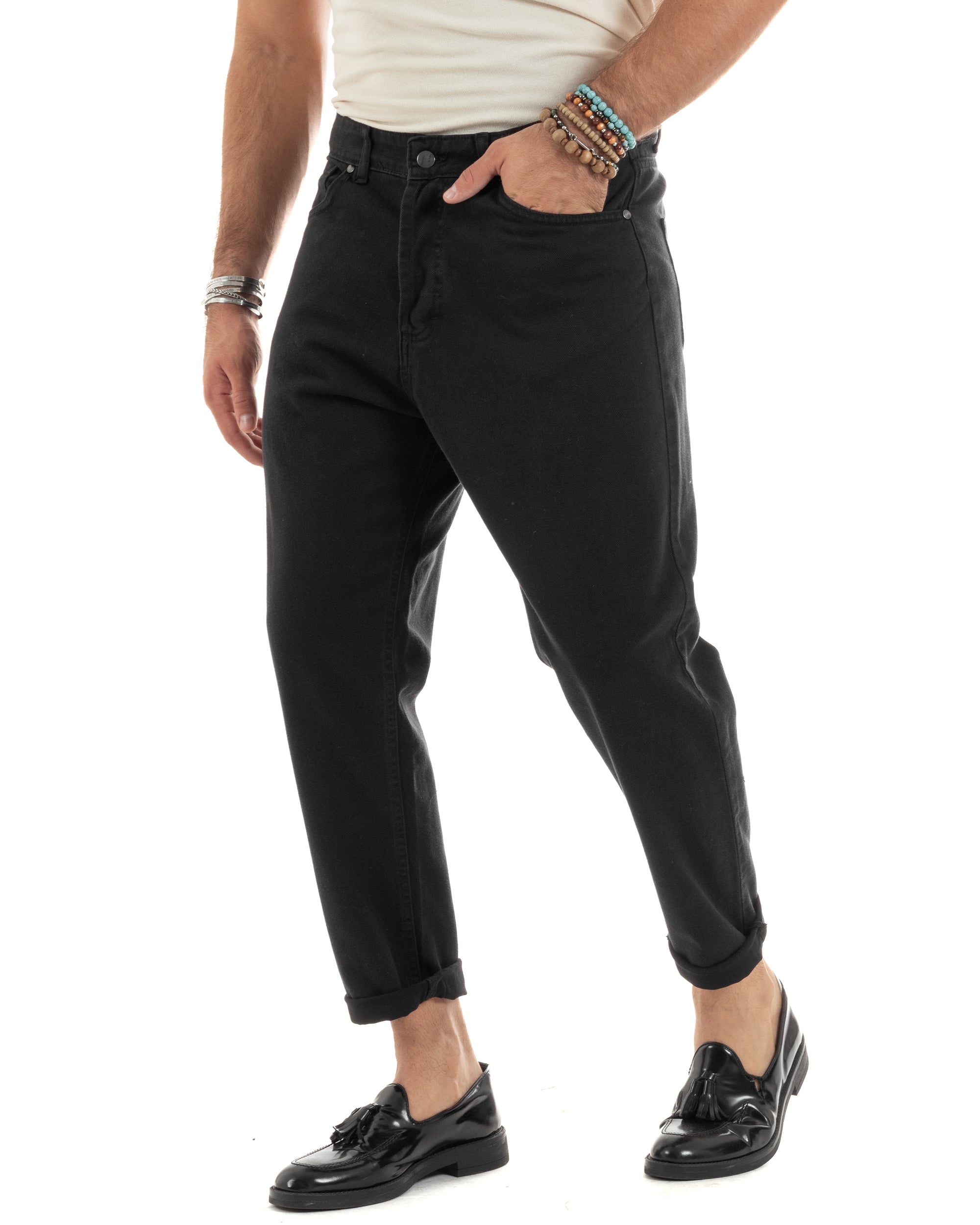 Jeans Uomo Loose Fit Pantaloni Cotone Casual Basic Nero P6202A