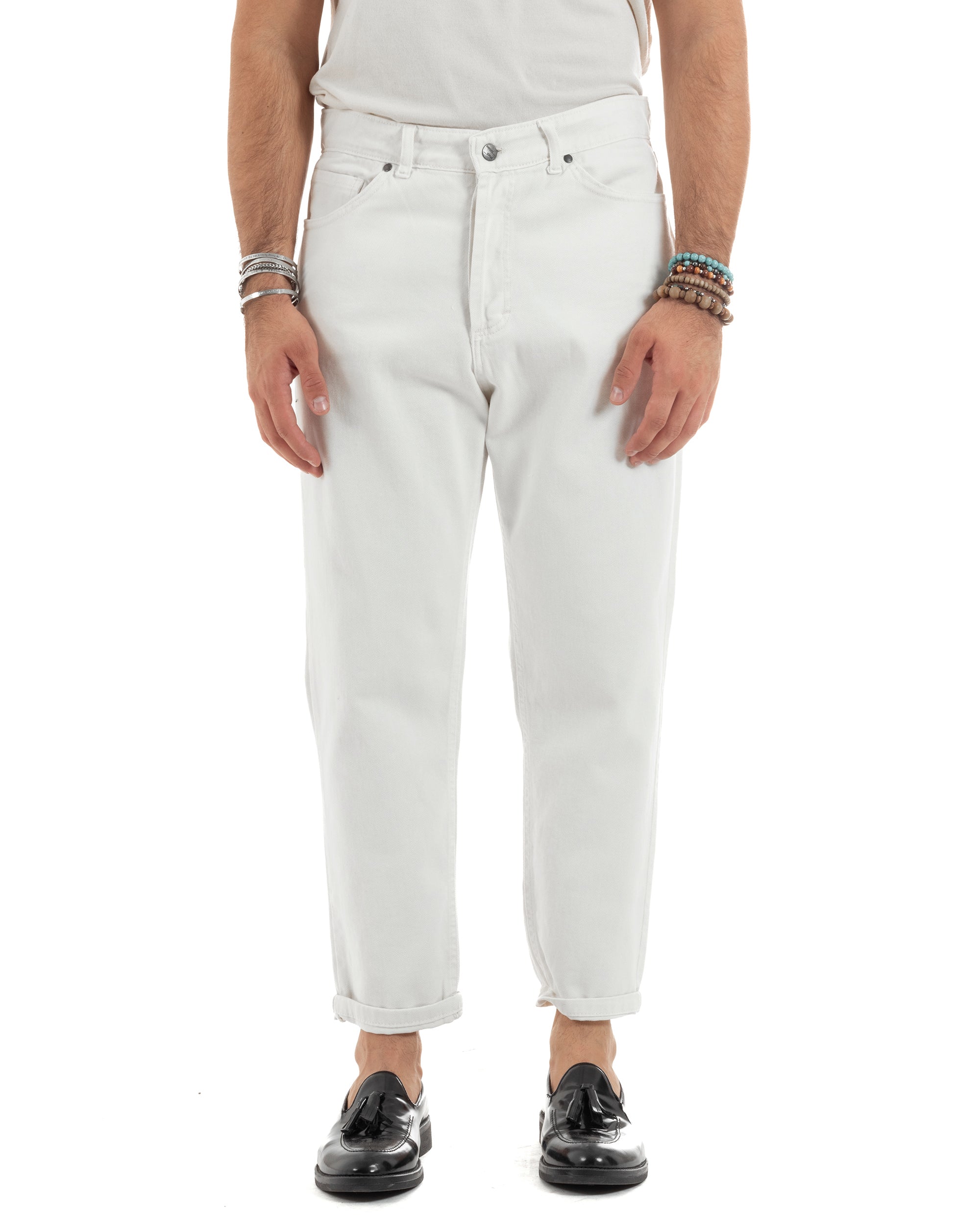 Jeans Uomo Loose Fit Pantaloni Cotone Casual Basic Bianco P6203A