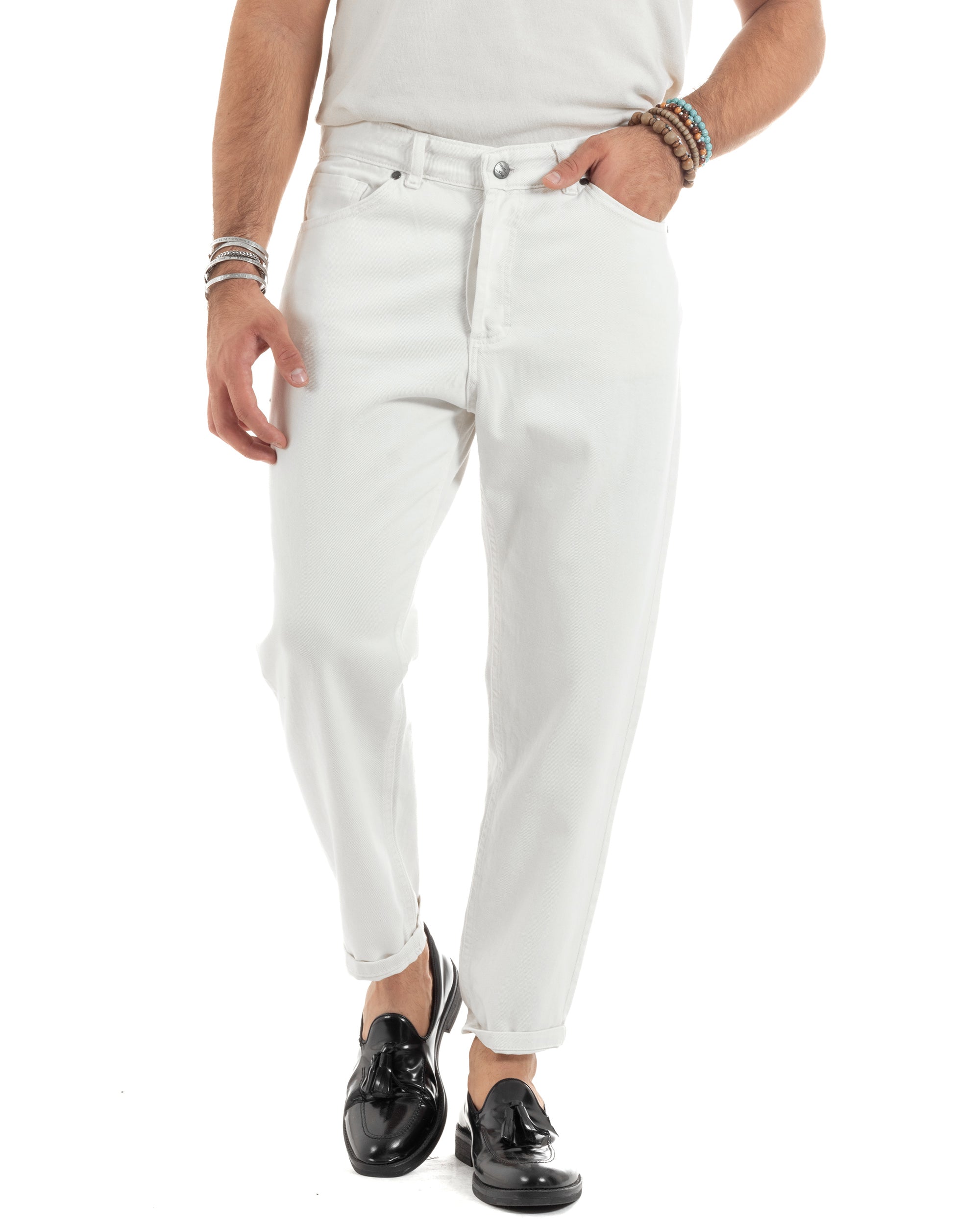 Jeans Uomo Loose Fit Pantaloni Cotone Casual Basic Bianco P6203A