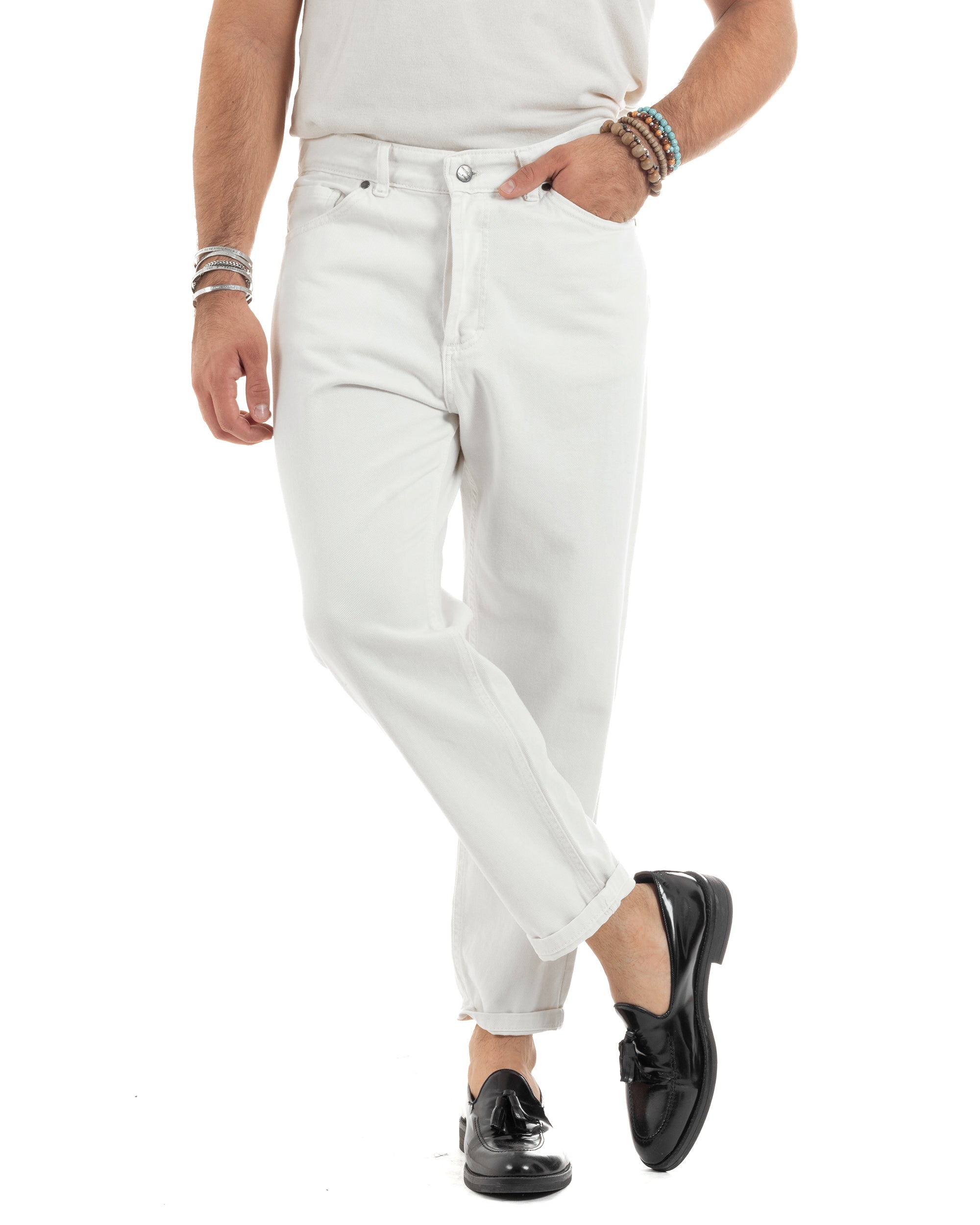 Jeans Uomo Loose Fit Pantaloni Cotone Casual Basic Bianco P6203A