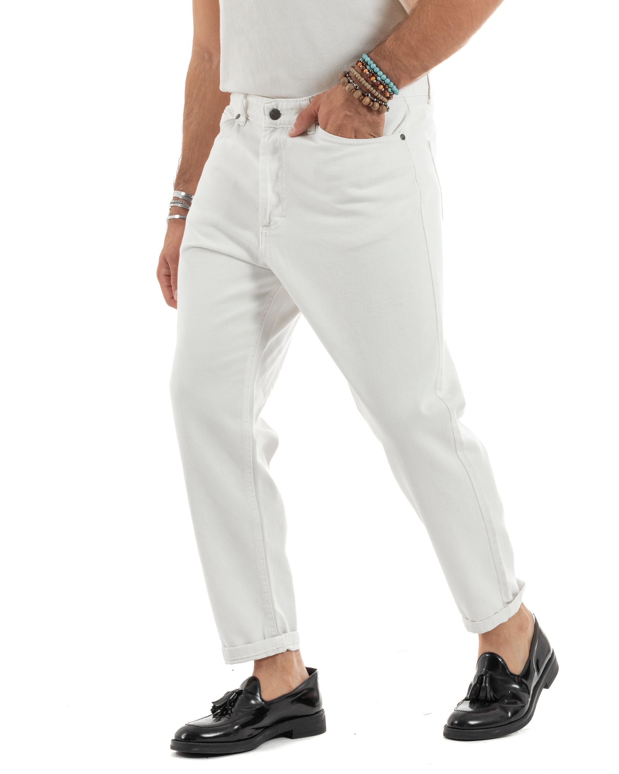 Jeans Uomo Loose Fit Pantaloni Cotone Casual Basic Bianco P6203A