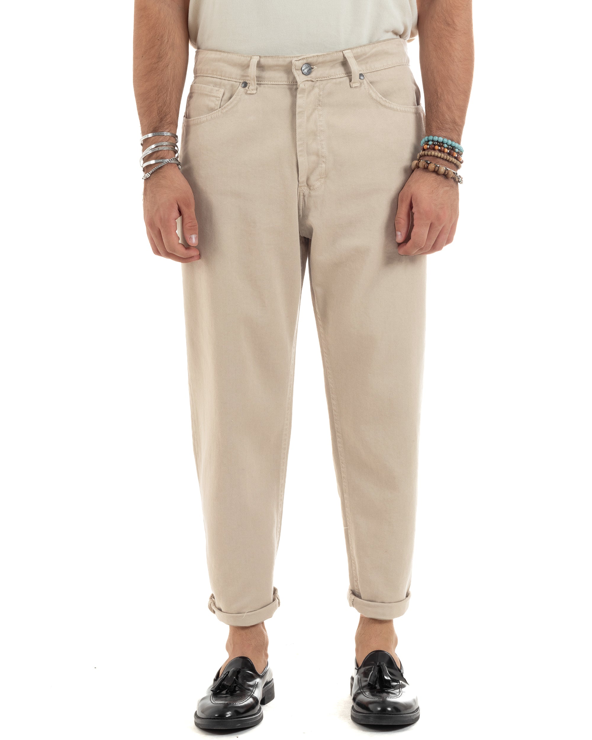 Jeans Uomo Loose Fit Pantaloni Cotone Casual Basic Beige P6204A