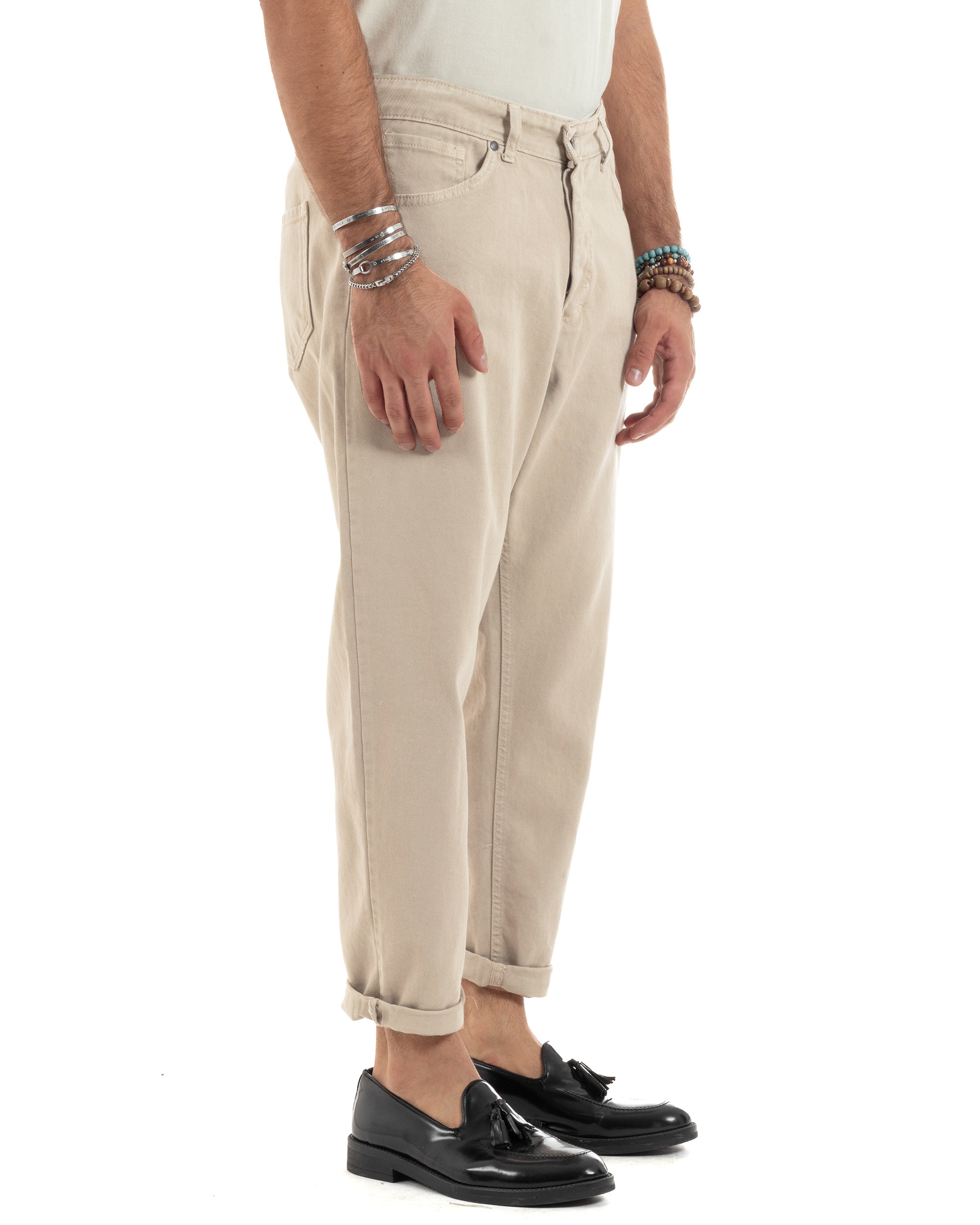 Jeans Uomo Loose Fit Pantaloni Cotone Casual Basic Beige P6204A