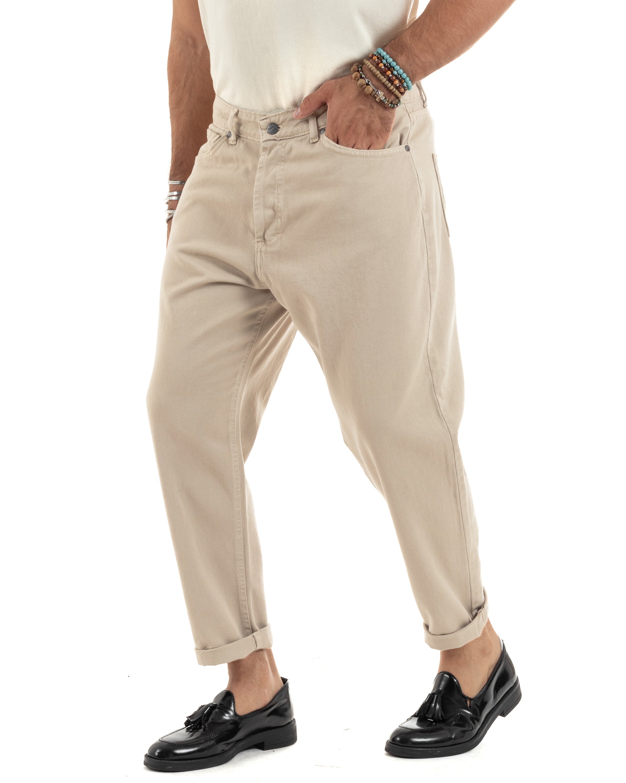 Jeans Uomo Loose Fit Pantaloni Cotone Casual Basic Beige P6204A